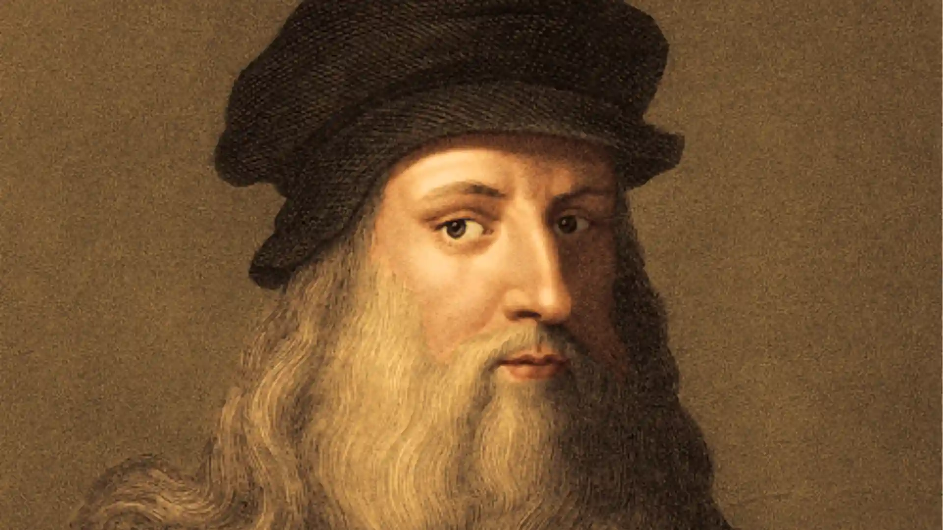 Portrait of Leonardo da Vinci, the Renaissance polymath, with long beard and black cap.