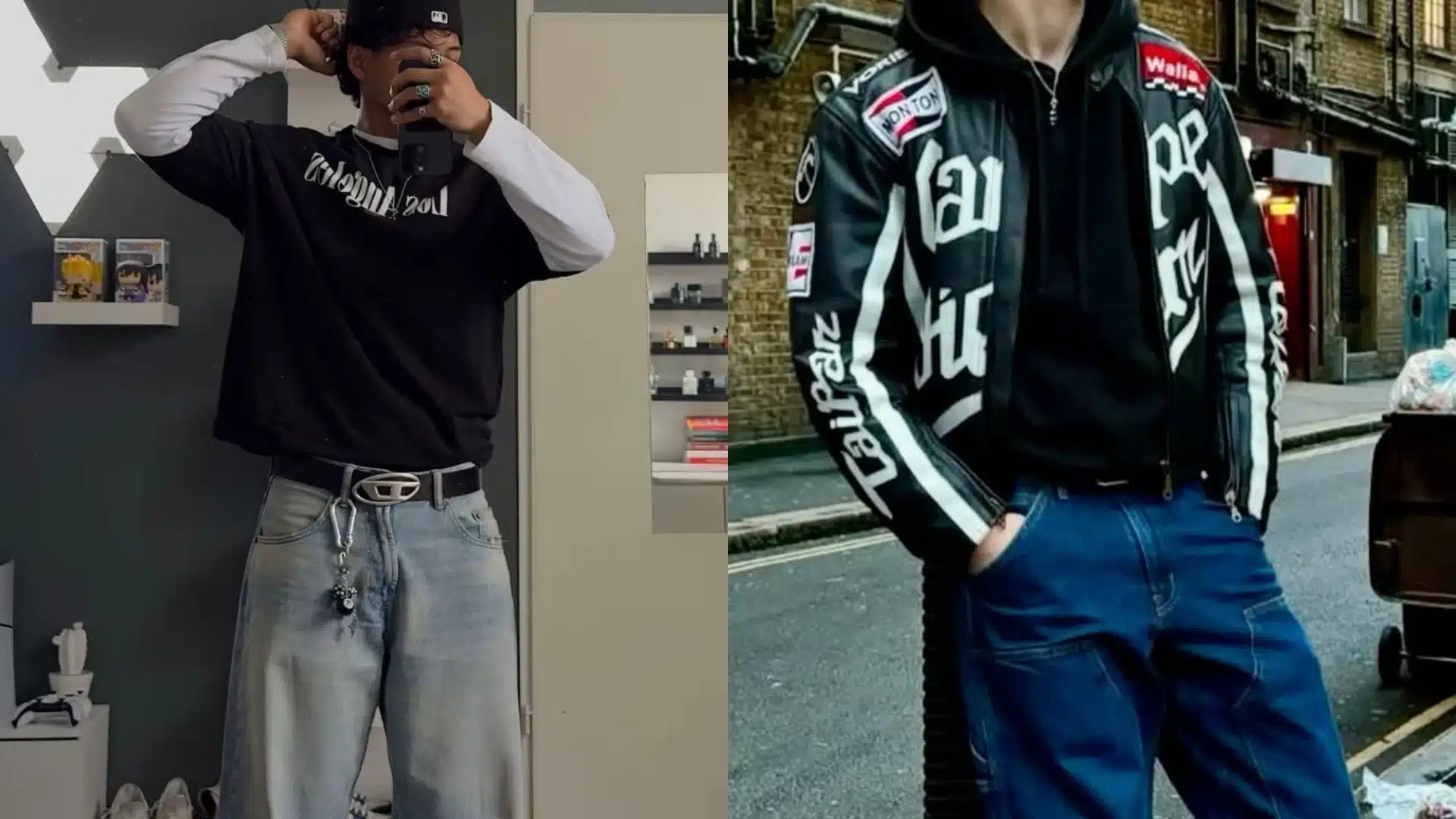 Men’s streetwear concert outfits with oversized tees hoodies baggy jeans and edgy jackets styled for a casual pop concert vibe