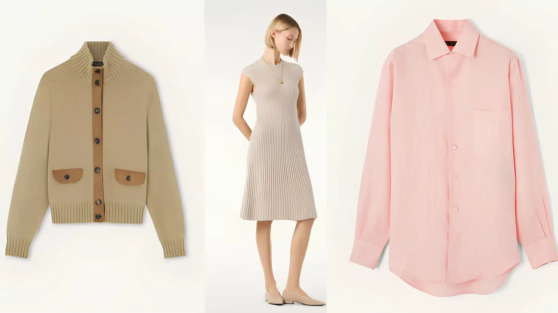 Loro Paina's beige button-up cardigan, a beige ribbed sleeveless midi dress on a model, and a light pink button-up shirt