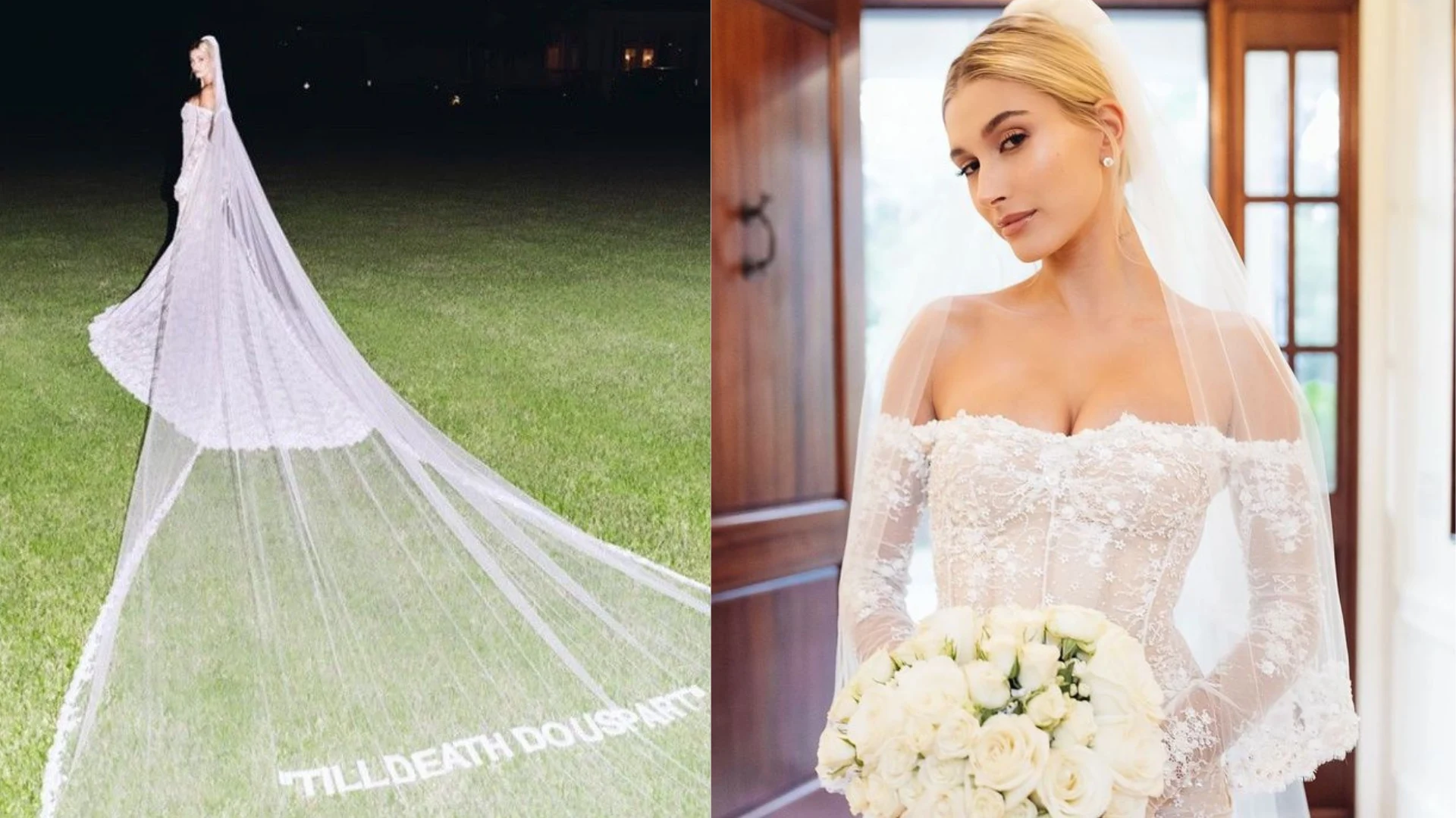 Split image showing Hailey Bieber in her wedding dress and veil, with one side featuring her holding a white rose bouquet indoors and the other showing the dramatic length of her veil