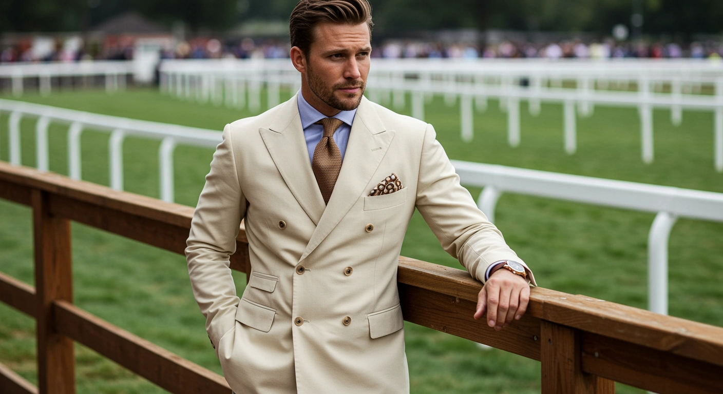 A man in a double breasted suit, standing at a horse race track