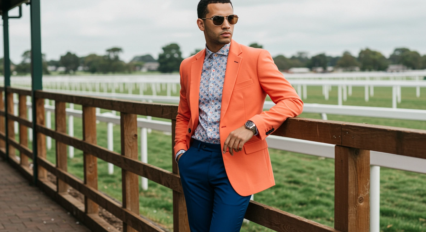 A man in an orange block suit, standing at a horse race track