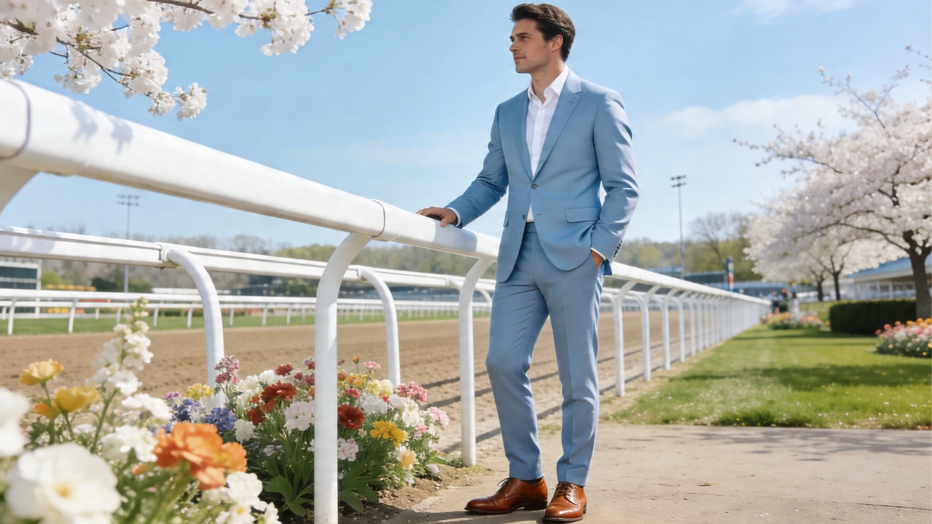 A man in a light blue suit, standing at a horse race track