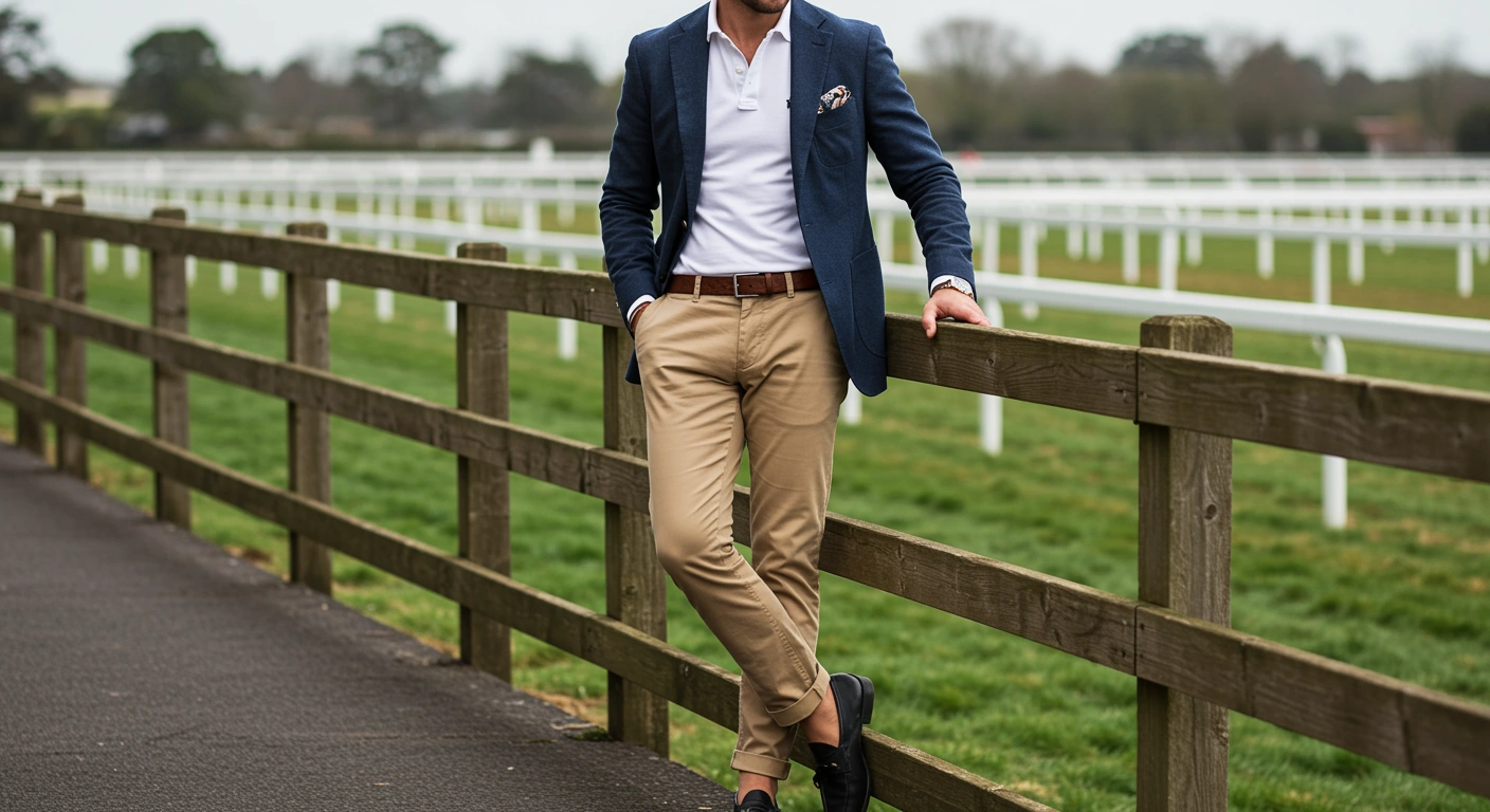 A man in a preppy polo shirt and blazer combo, standing at a horse race track