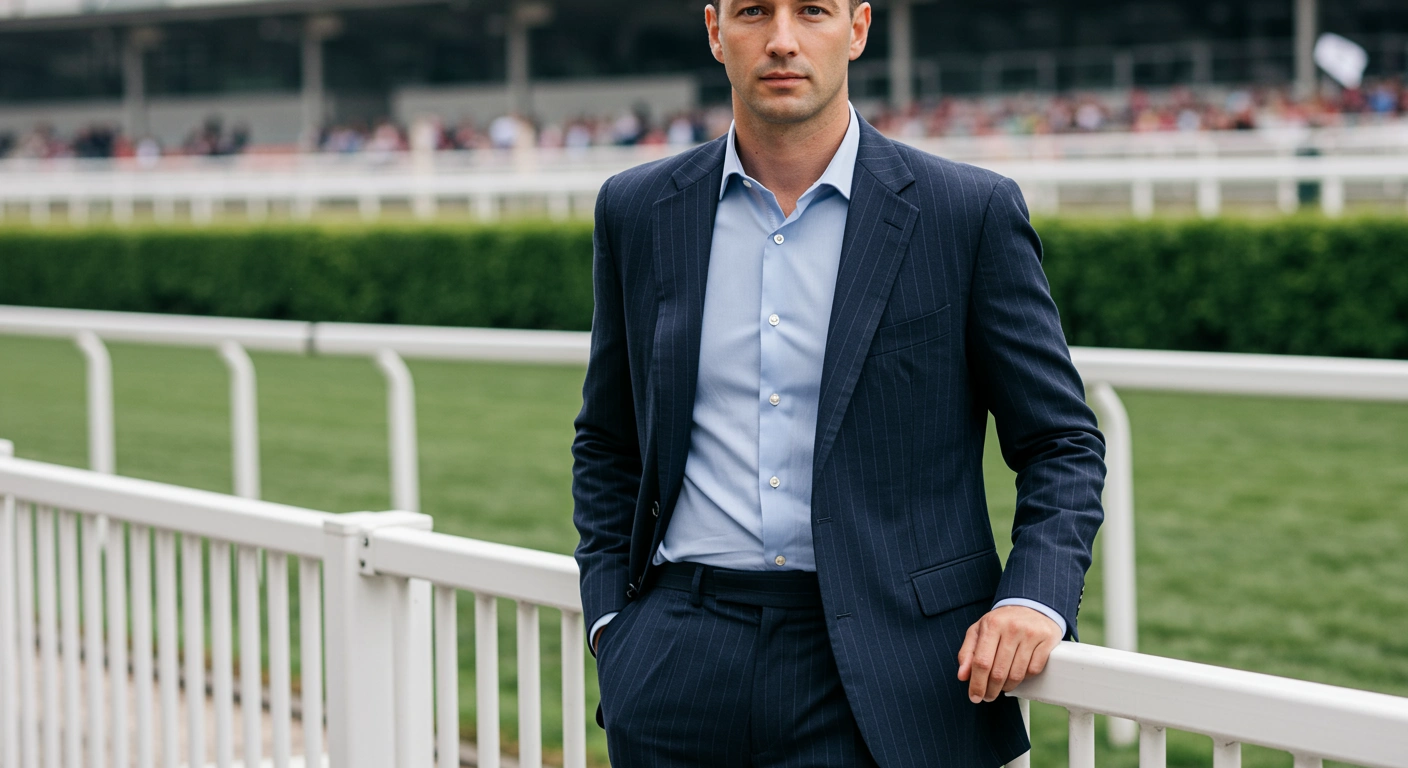 A man in a striped suit ensemble, standing at a horse race track