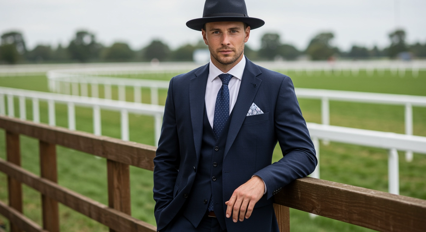 A man in a navy suit with a derby hat, standing at a horse race track