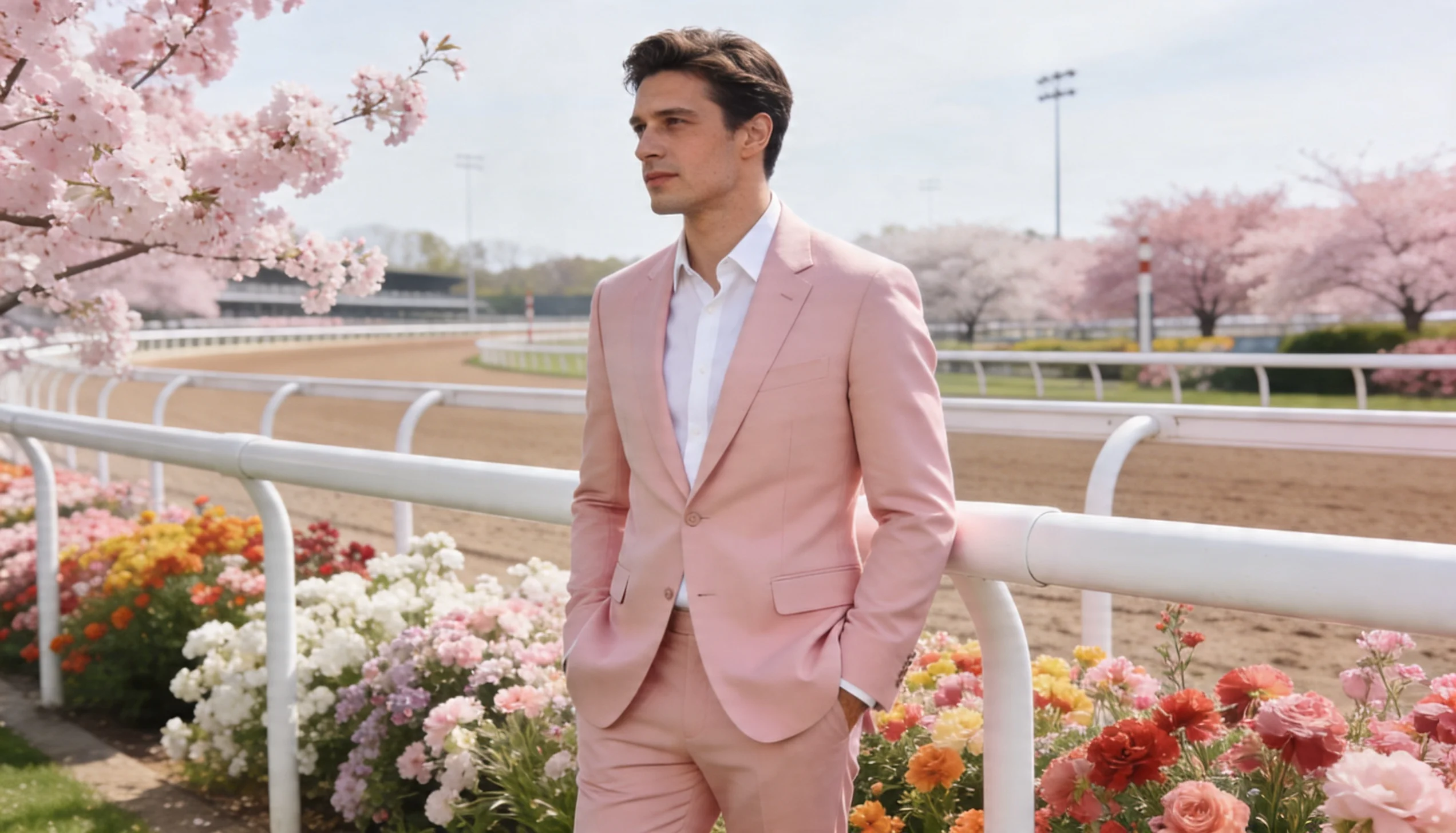 A man in a pastel suit with a white shirt, standing at a horse race track