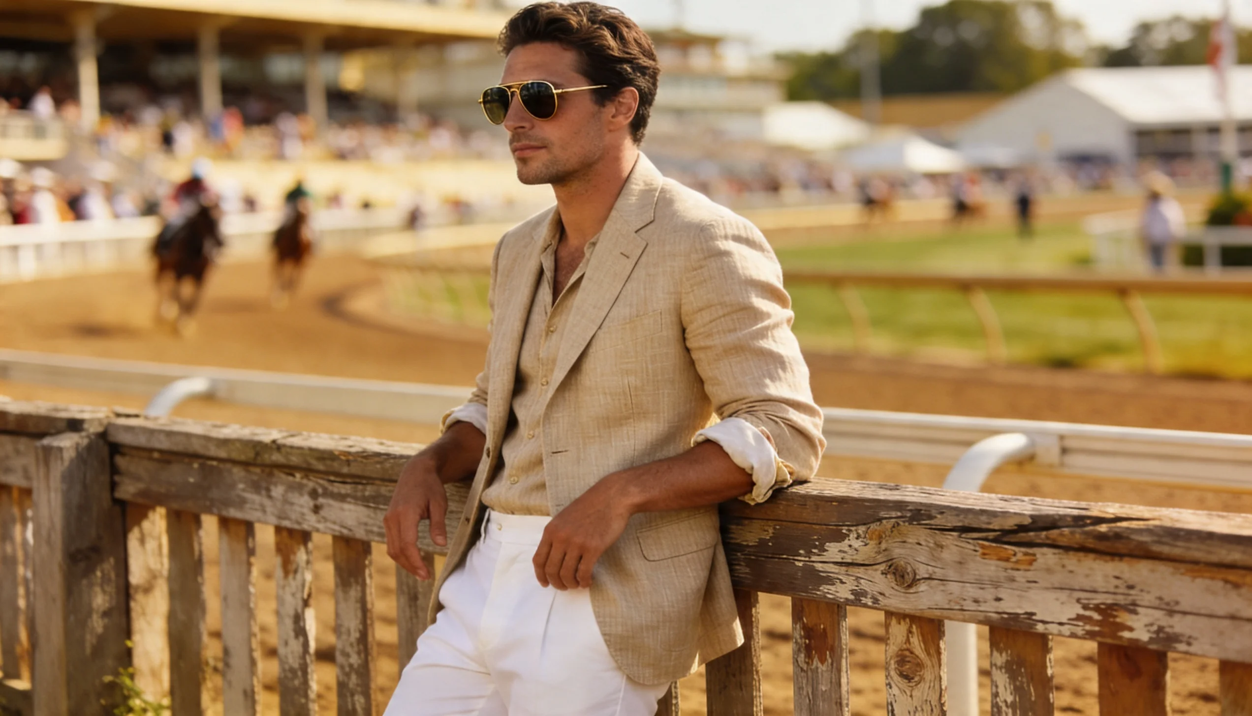 A man in a linen blazer with chinos, standing at a horse race track