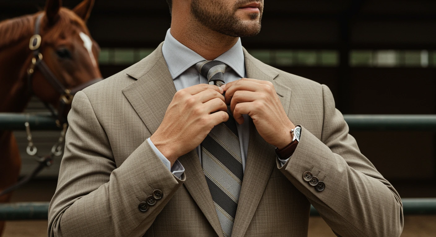 A man in a tan suit with patterned tie, standing at a horse race track