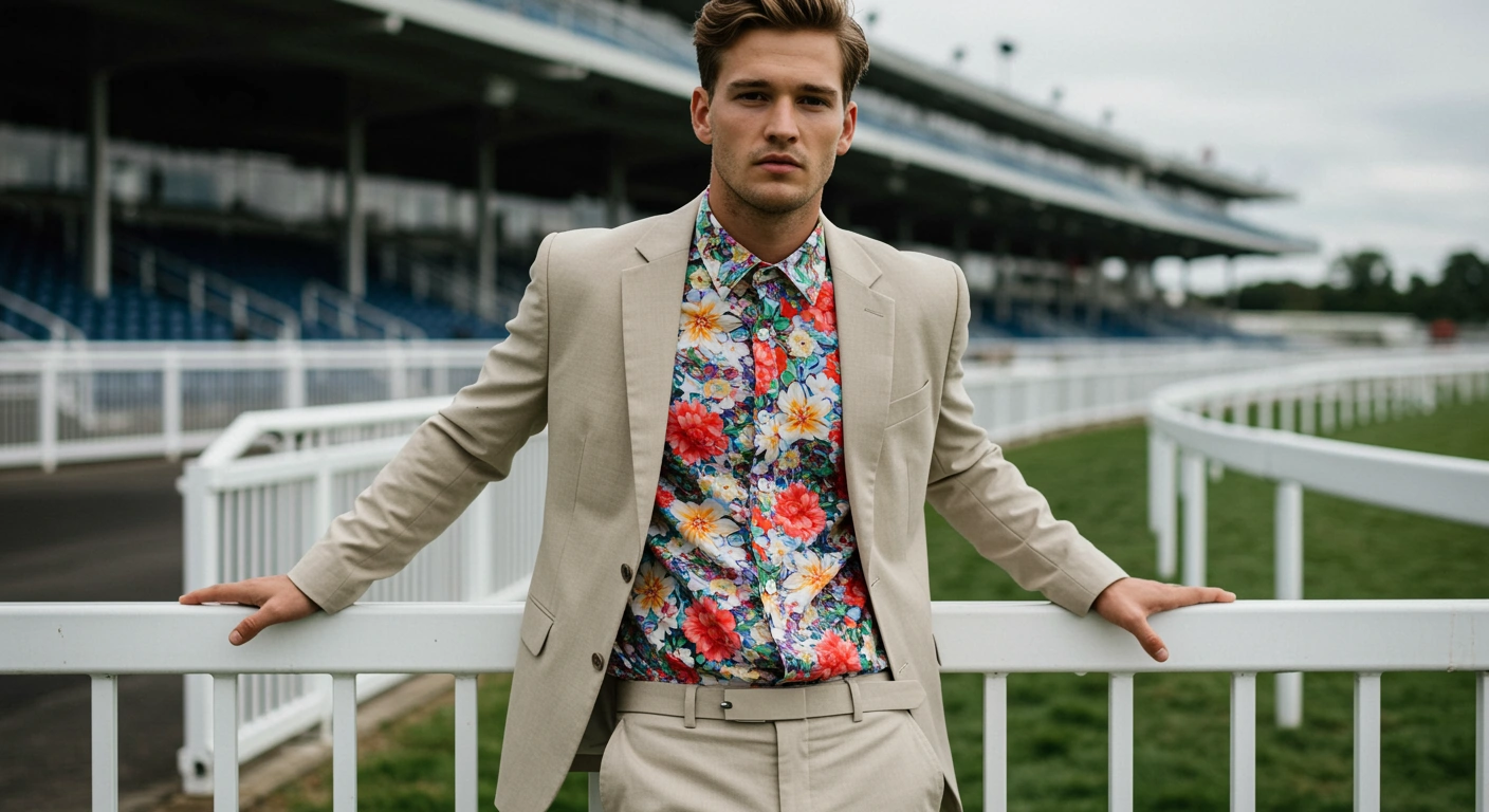 A man in a floral shirt with neutral suit, standing at a horse race track