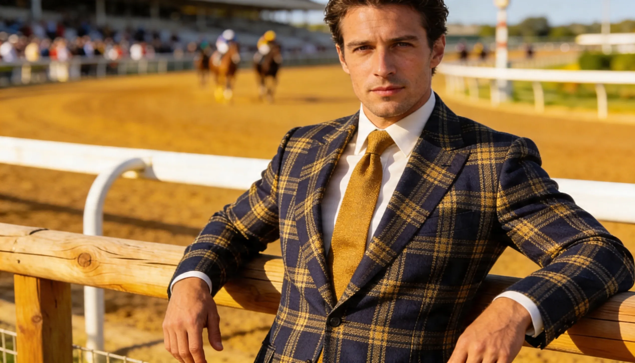 A man in a plaid suit outfit, standing at a horse race track