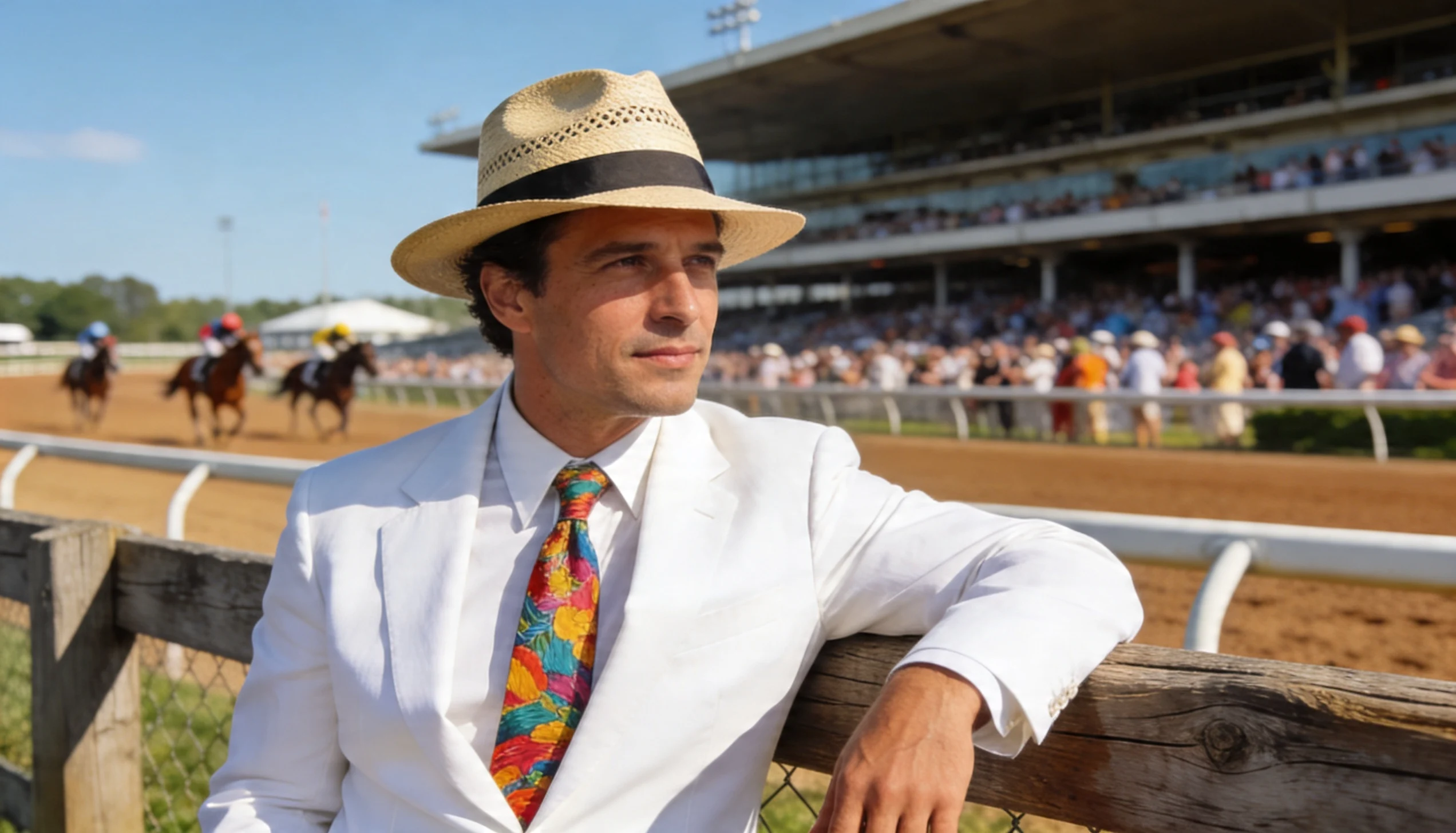 A man in an all white derby outfit, standing at a horse race track