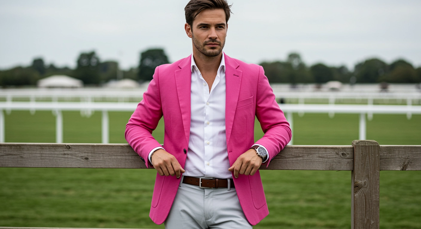 A man in a pink blazer and a wihite shirt inside, standing at a horse race track