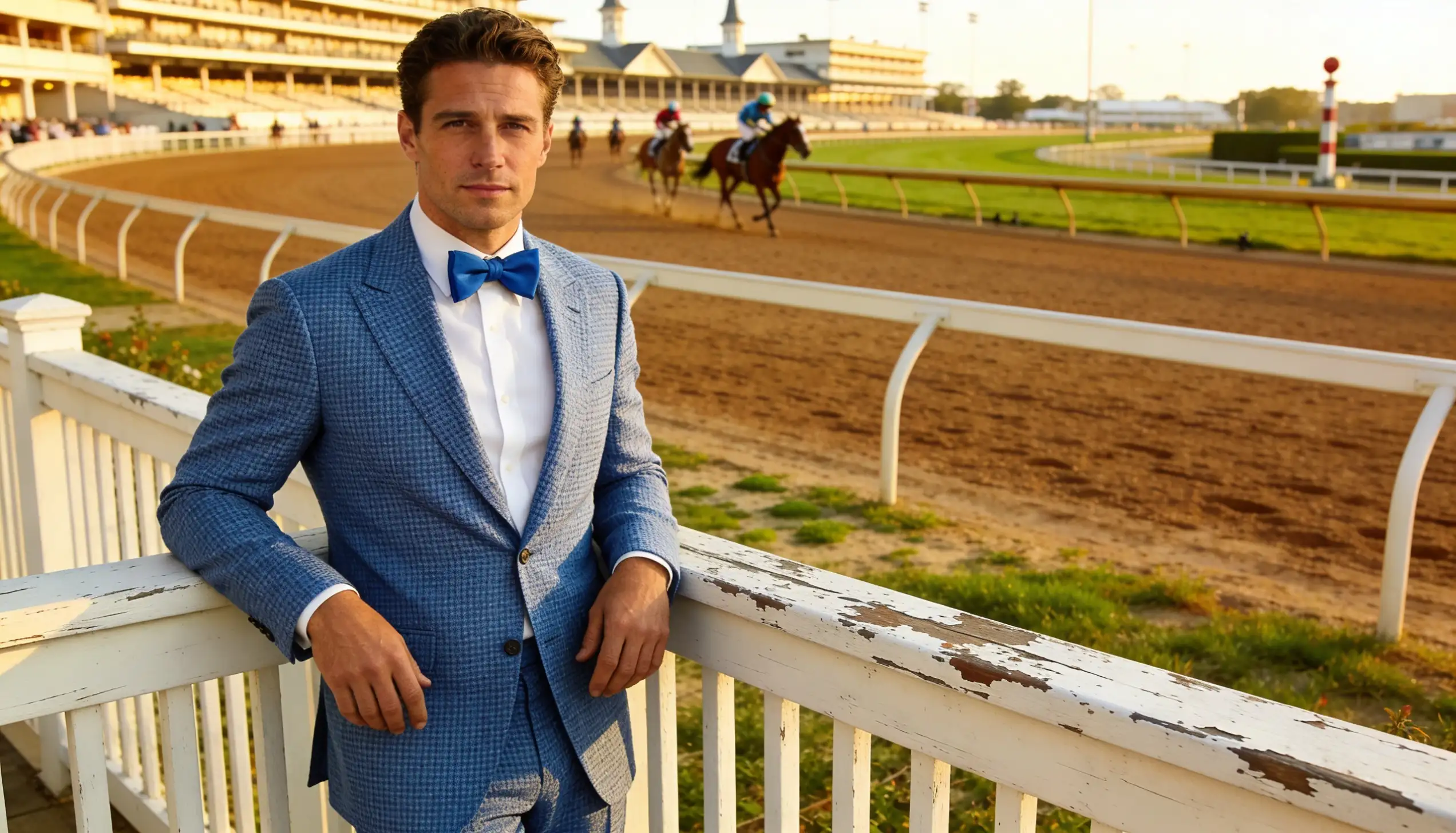 A man in a classic seersucker suit leans on a white railing overlooking a horse racetrack with horses in the background