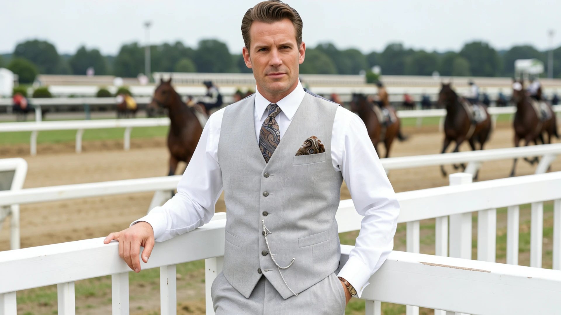 A man in a light grey Southern Vest Outfit leaning on a white fence at a horse racetrack with horses in the background
