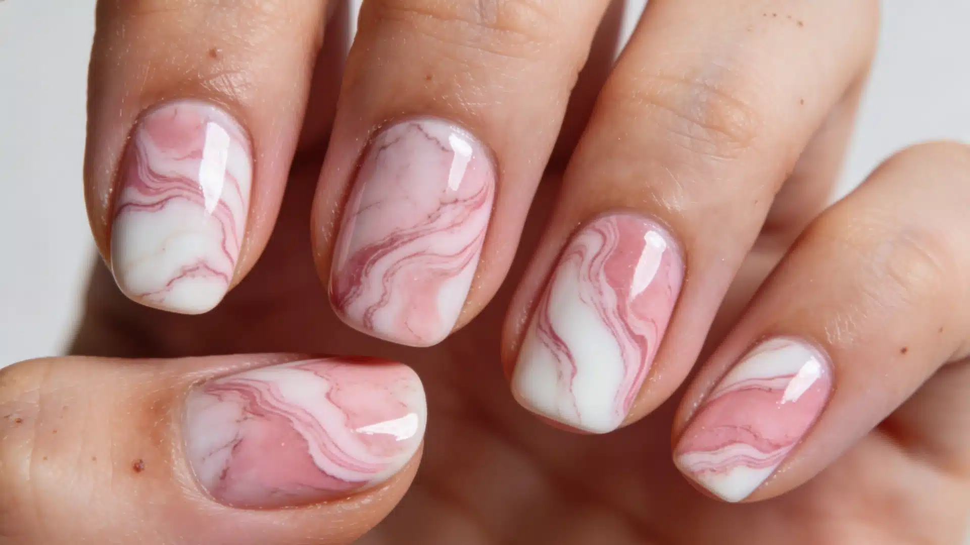 Marble nail art featuring a pink and white design, showcasing a stylish and elegant manicure