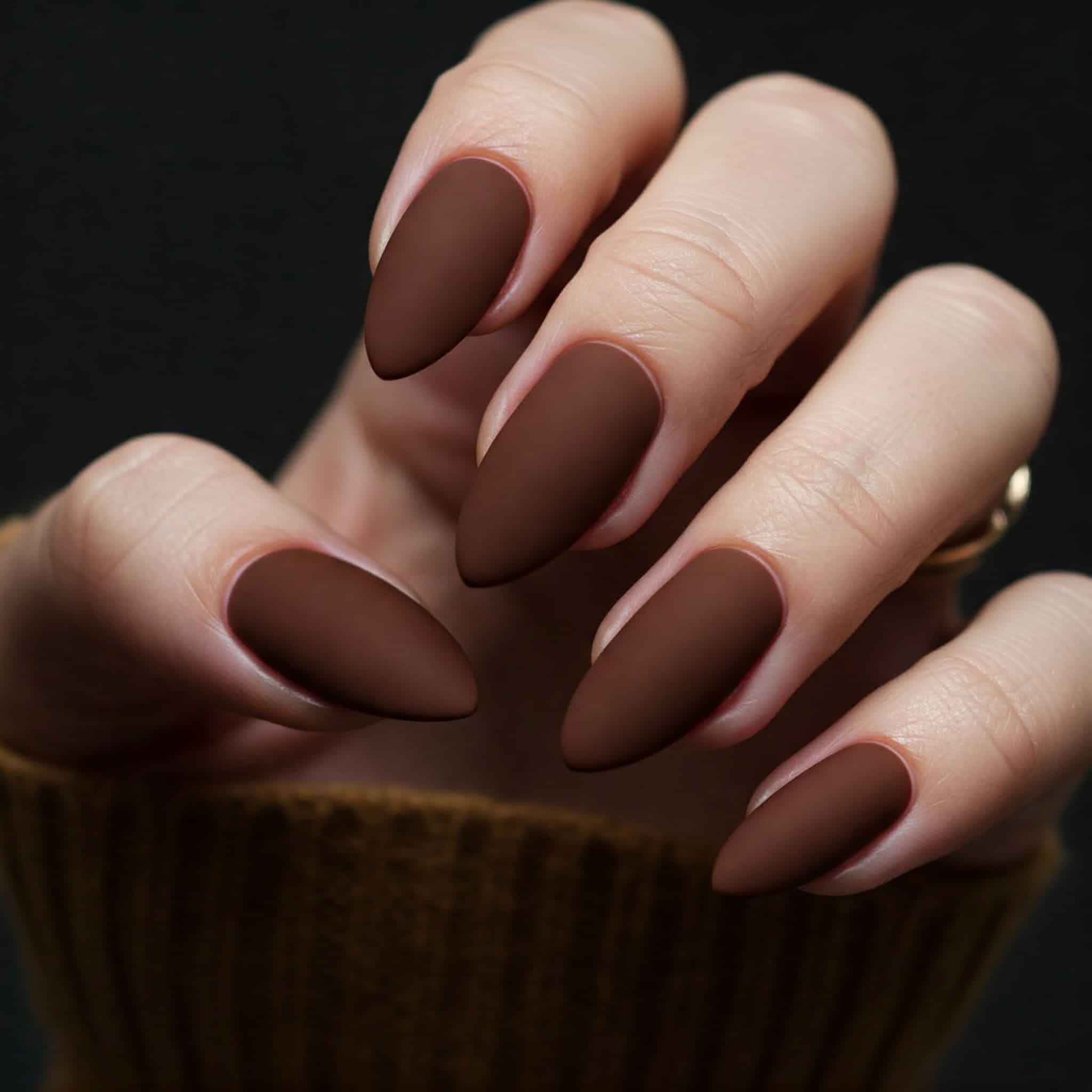 A detailed view of a woman's hand featuring dark brown nails, highlighting the manicure.