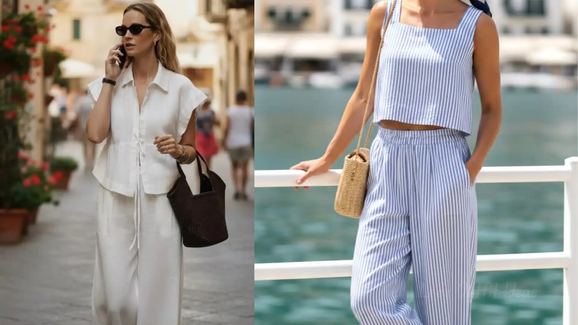 Split image showing a woman in white linen wear and another woman in blue and white striped crop top and wide-leg pants near water
