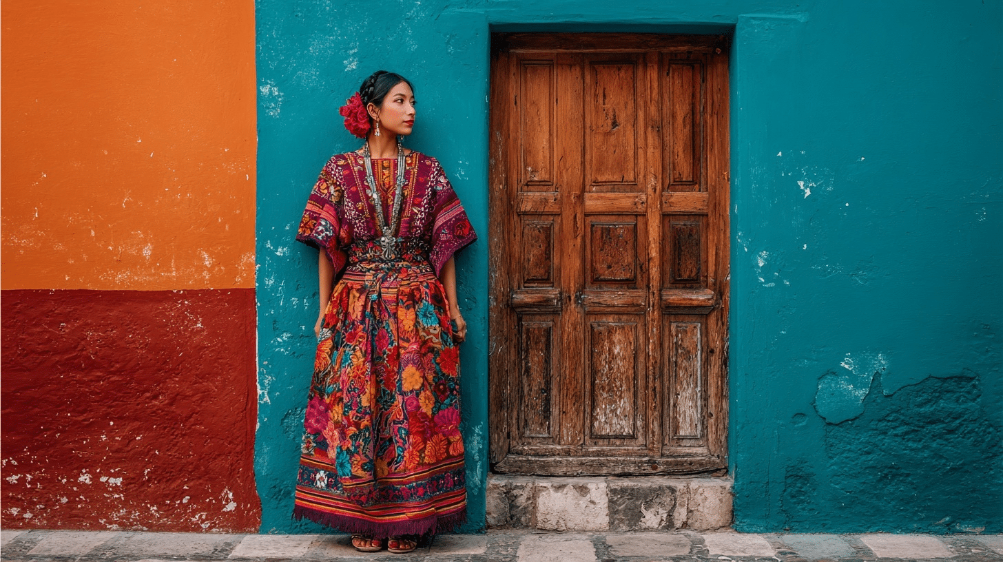 Woman wearing colorful woven Guatemalan dress with floral skirt standing in front of teal wall