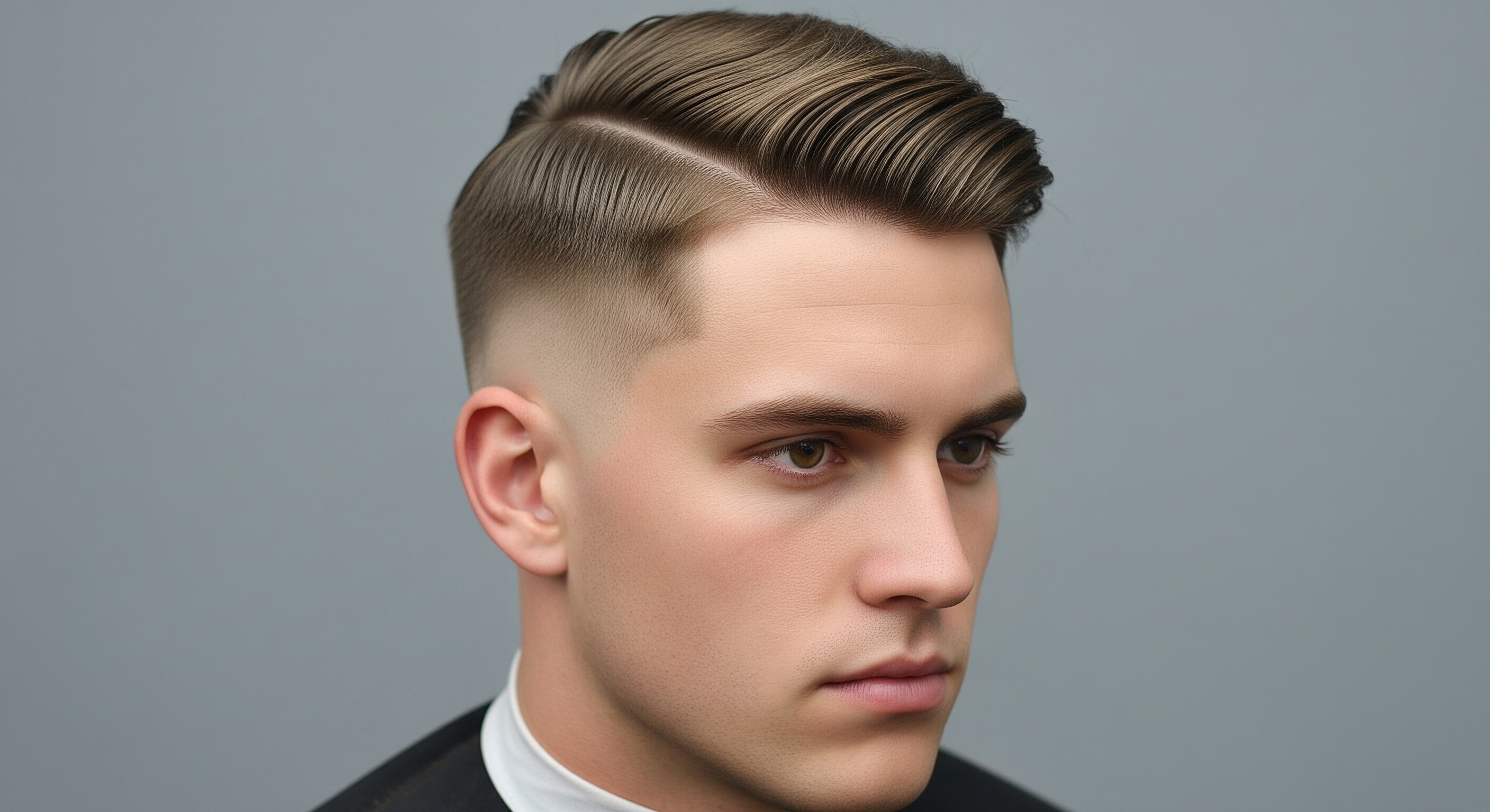 A man with a neatly combed side-part hairstyle and a sharp, clean low skin fade on the sides