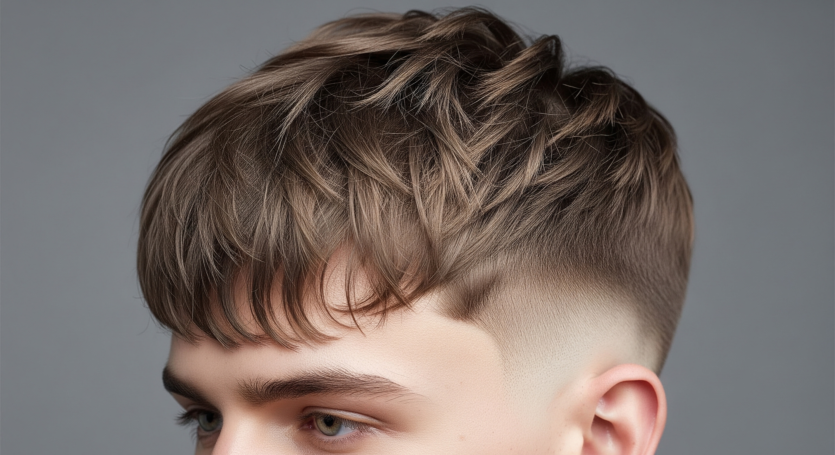 A young man with a messy, textured crop haircut featuring forward fringe and a sharp skin fade