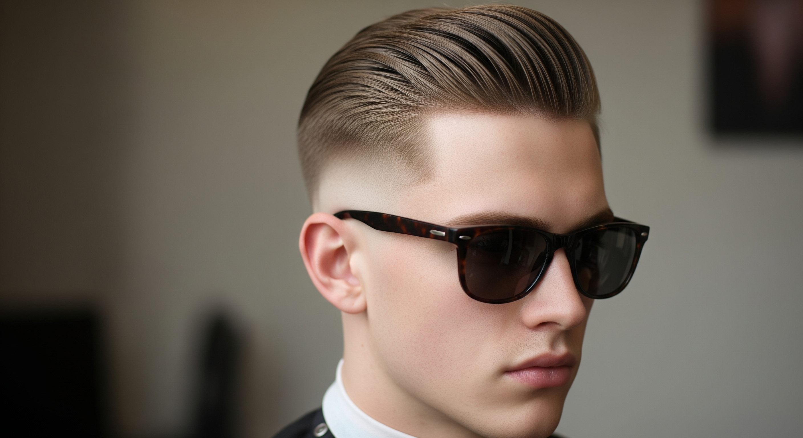A man wearing sunglasses with a slicked-back pompadour haircut and a sharp mid skin fade