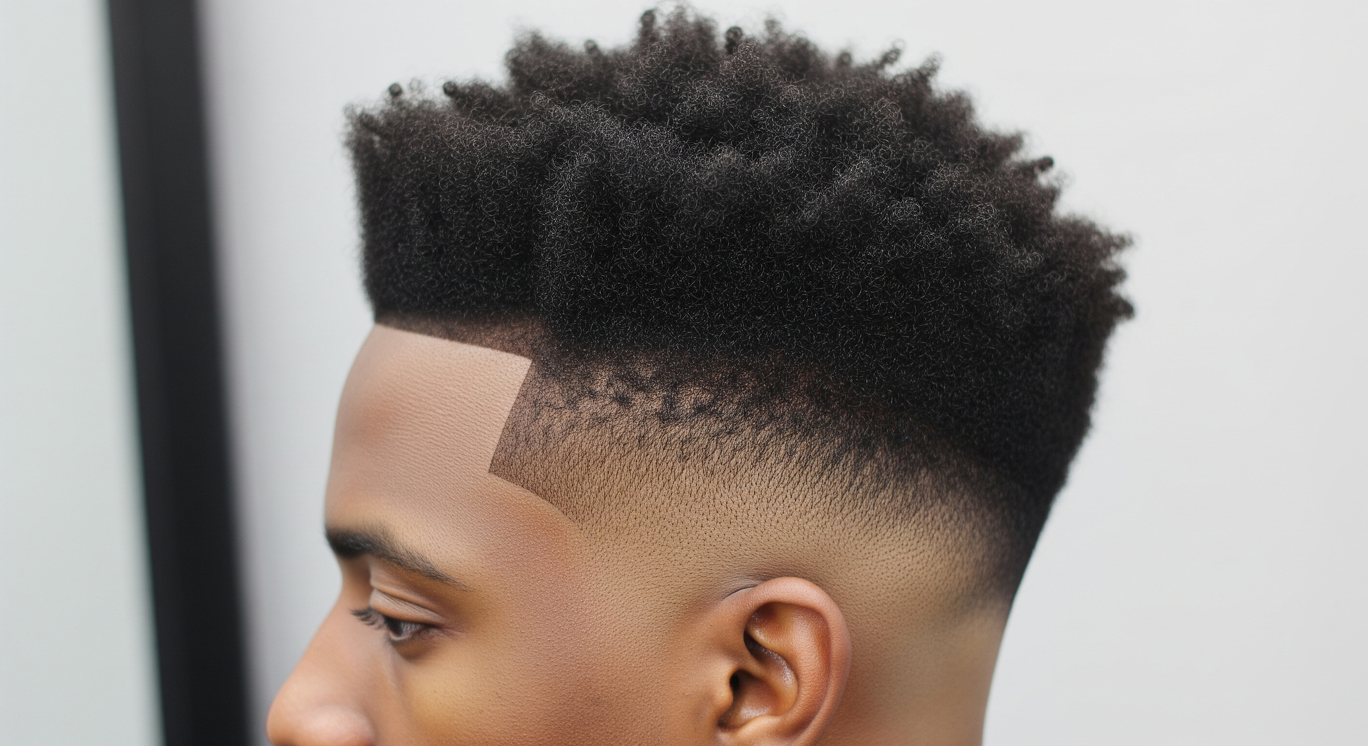 A Black man showcasing a clean mid fade haircut paired with a perfectly tapered, textured afro