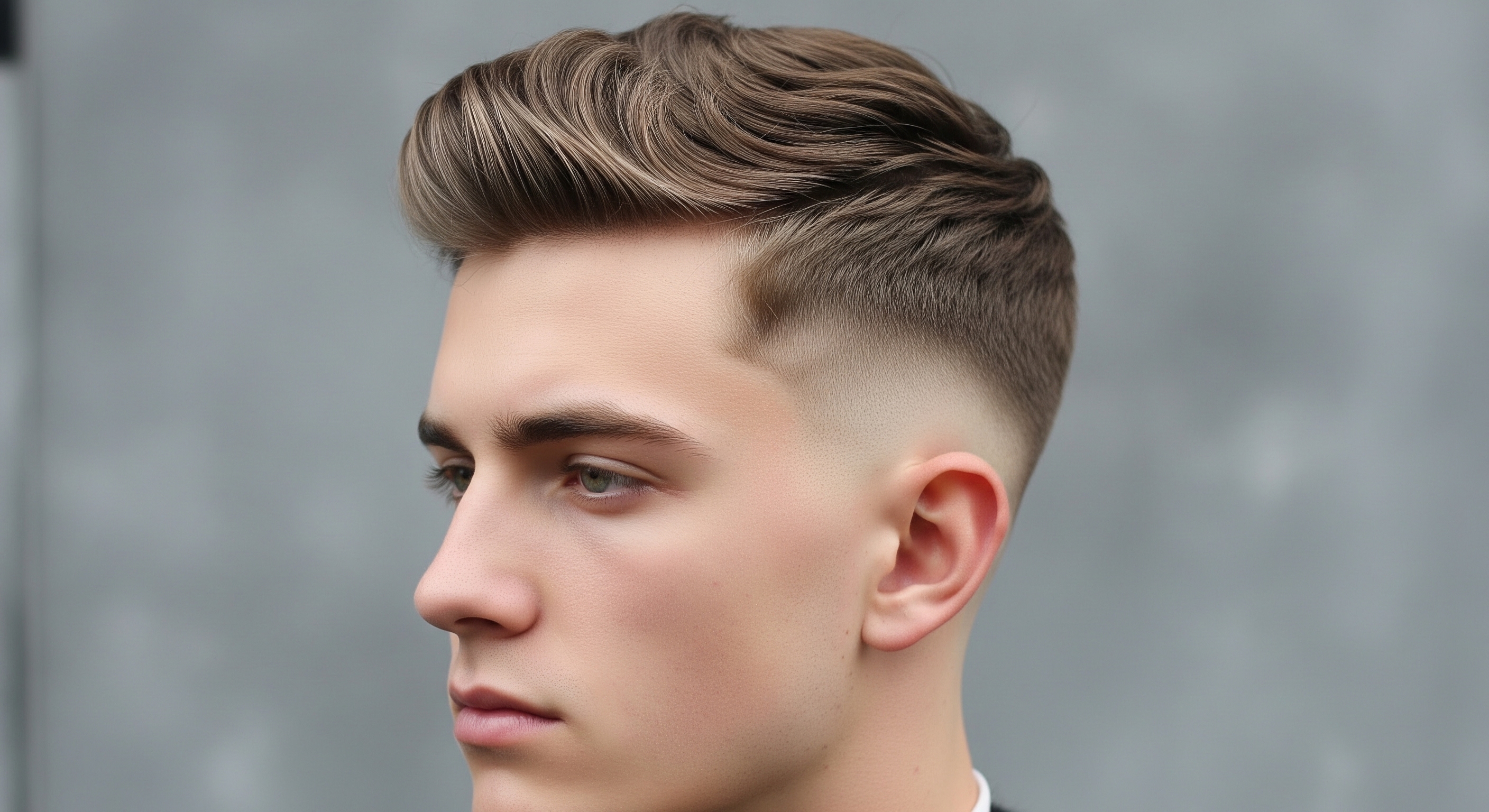 Side profile of a man with a wavy, textured quiff hairstyle and a sharp mid-to-high skin fade