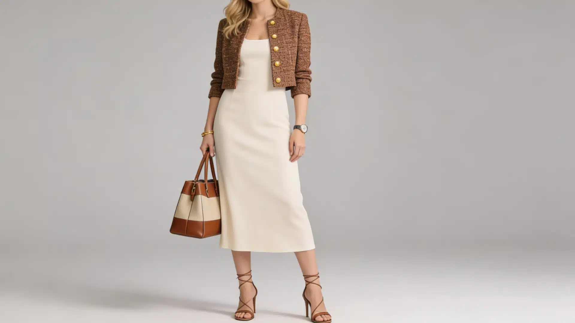 Blonde woman models a white midi dress, brown tweed cropped jacket, and brown lace-up heels while holding a two-tone handbag against a light gray studio background.