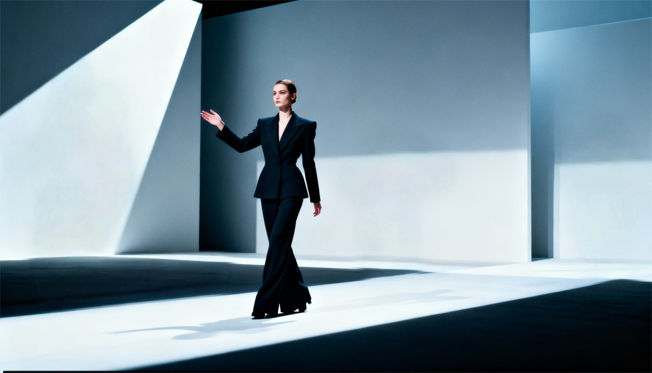 Minimalist fashion model in a tailored black suit walking a clean geometric runway with dramatic lighting