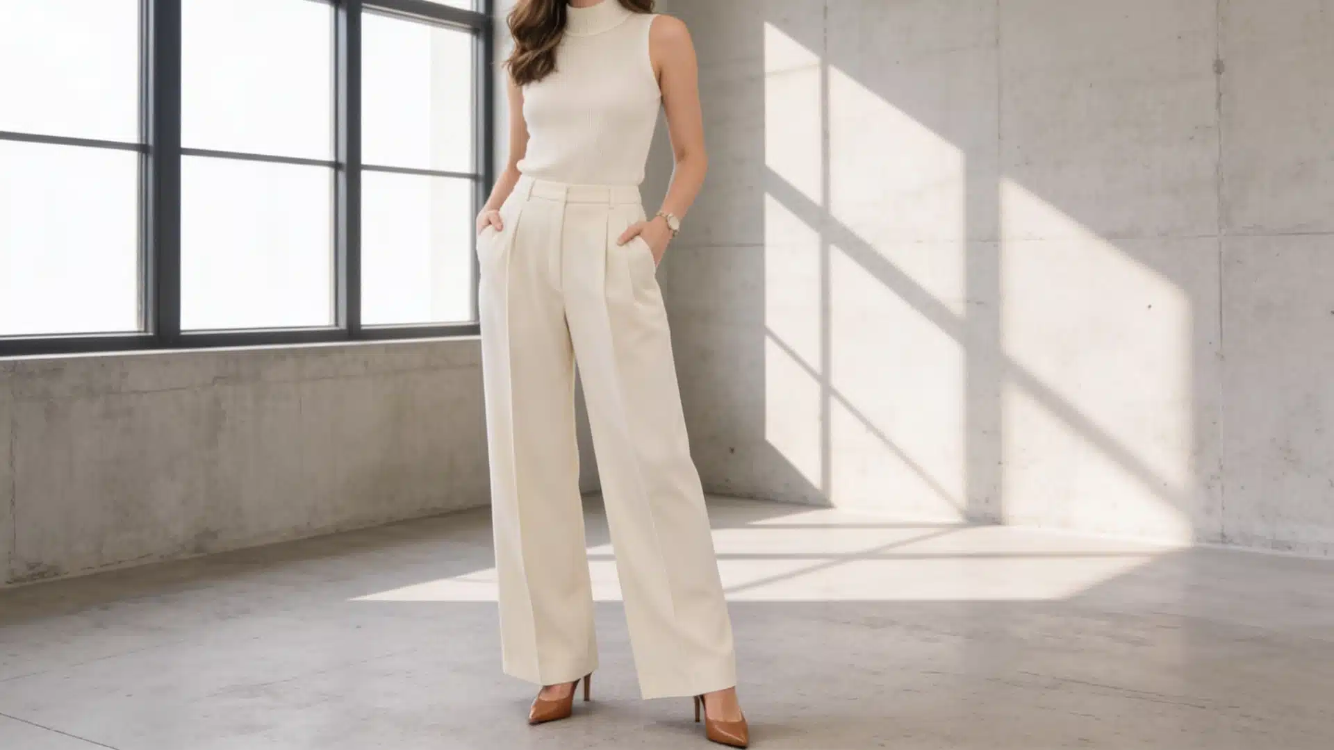 Woman wearing a sleeveless cream mock-neck top and wide-leg cream trousers stands in a bright, minimalist room with concrete walls and a large black-framed window.