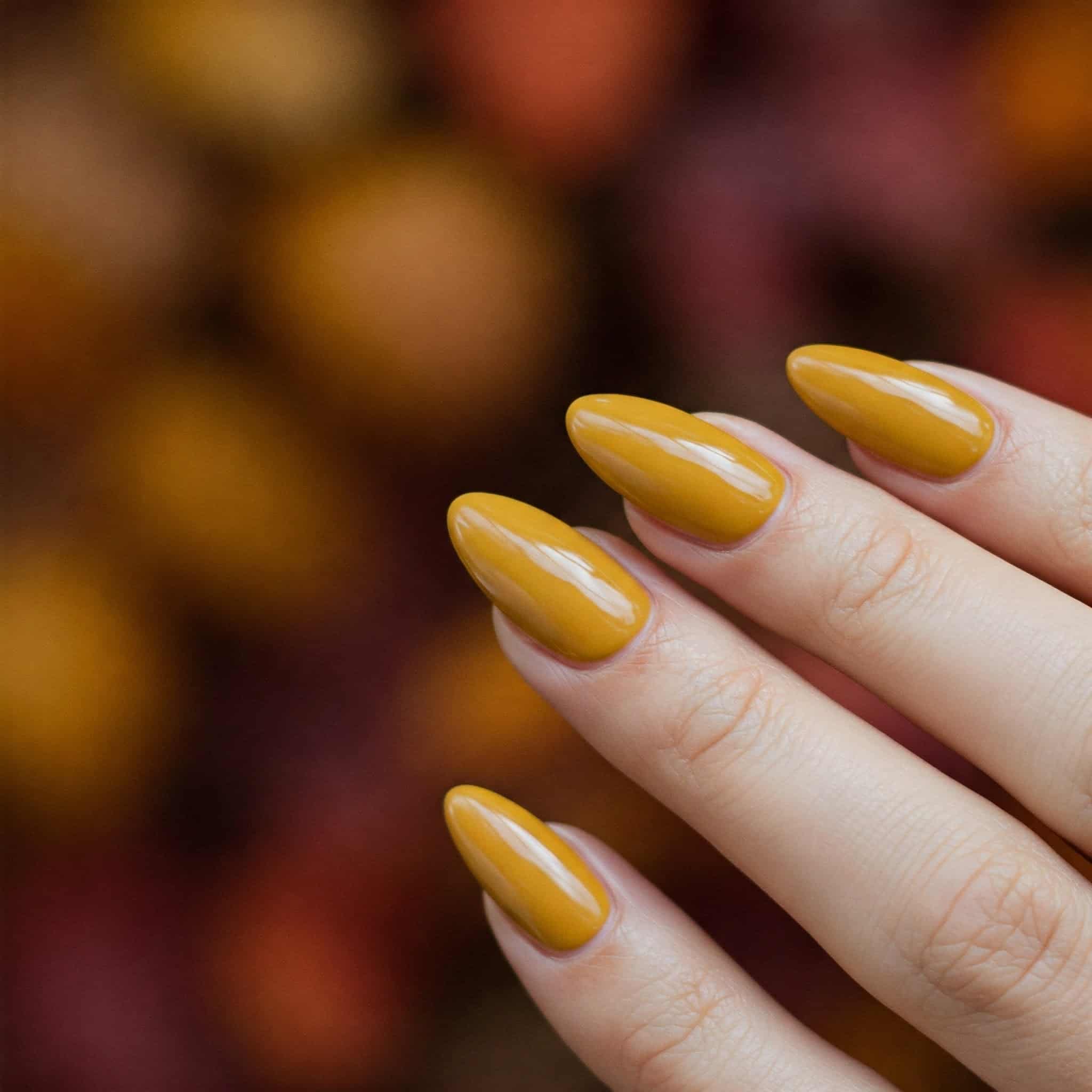 Close-up of a hand with long, almond-shaped nails painted mustard yellow.