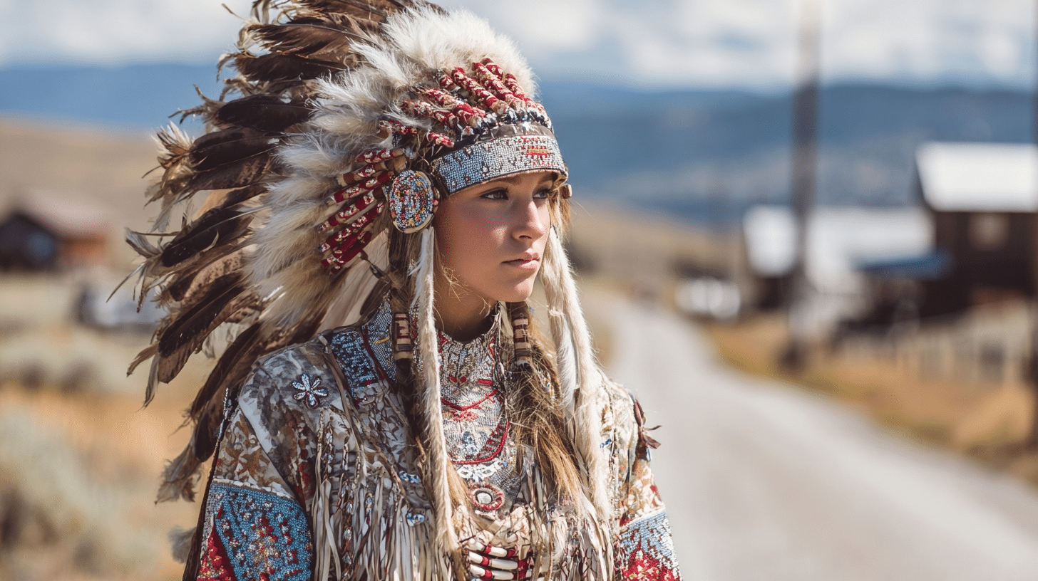 Woman wearing Native American headdress and traditional beaded outfit outdoors with landscape behind