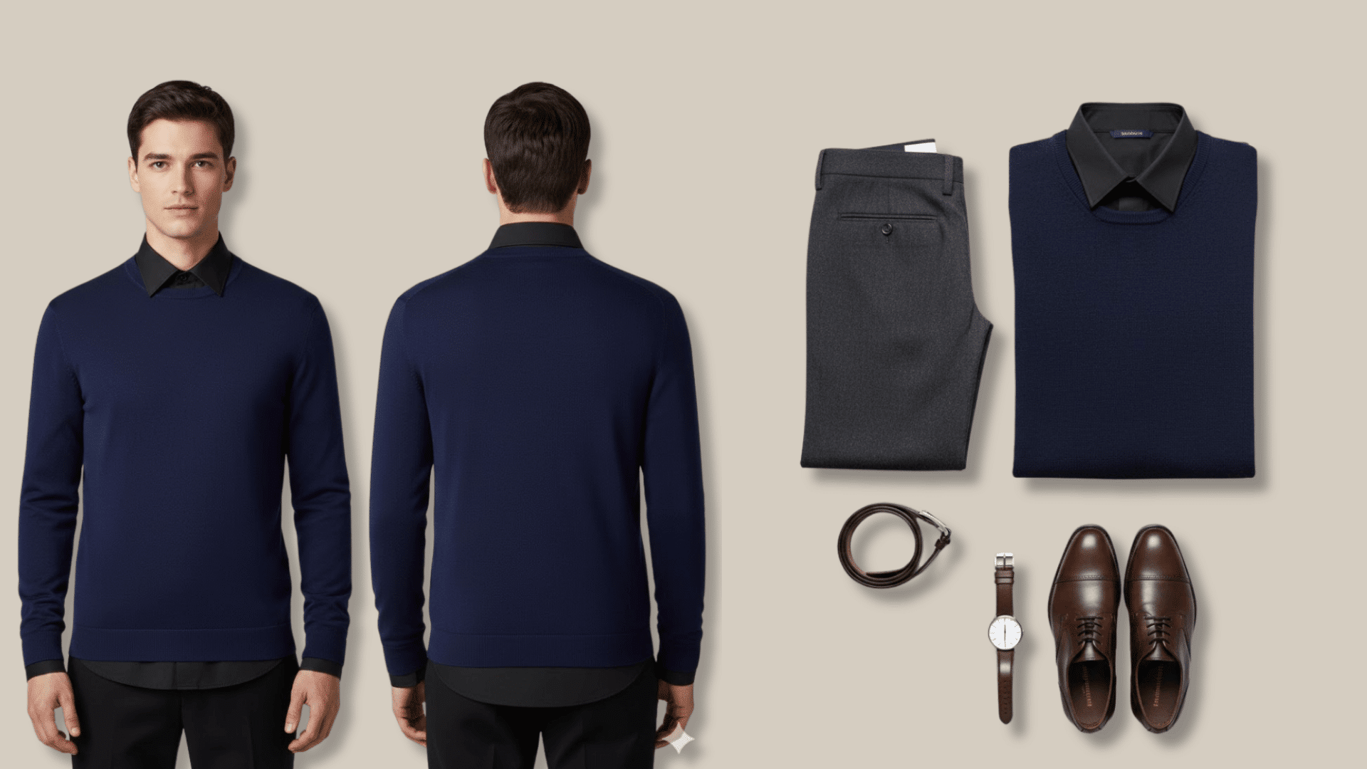 Male model in navy sweater and black shirt, with flat lay of outfit, shoes, belt, and watch