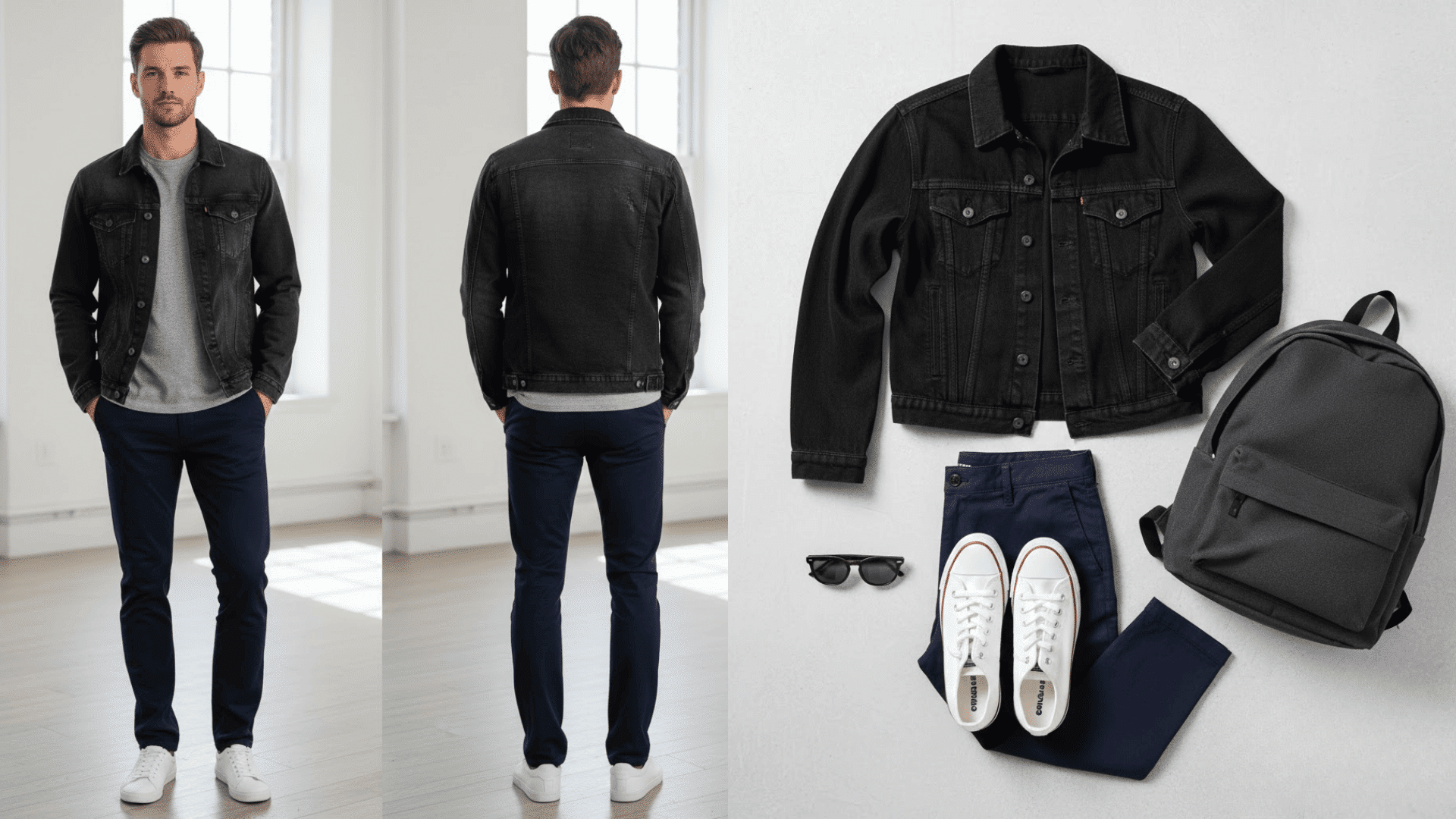 Male model in black jacket and navy pants, with flat lay of outfit including shoes and backpack