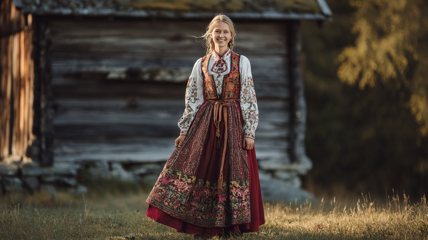 Woman in long embroidered European dress with floral designs and tied waist smiling outdoors