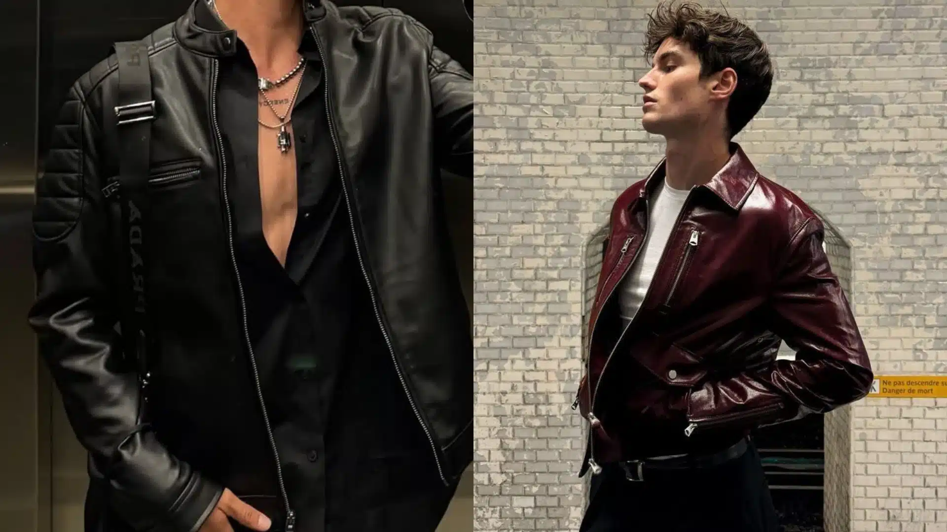 Men’s edgy leather concert outfits with black and burgundy jackets layered chains and sleek dark styling for a bold pop-inspired aesthetic