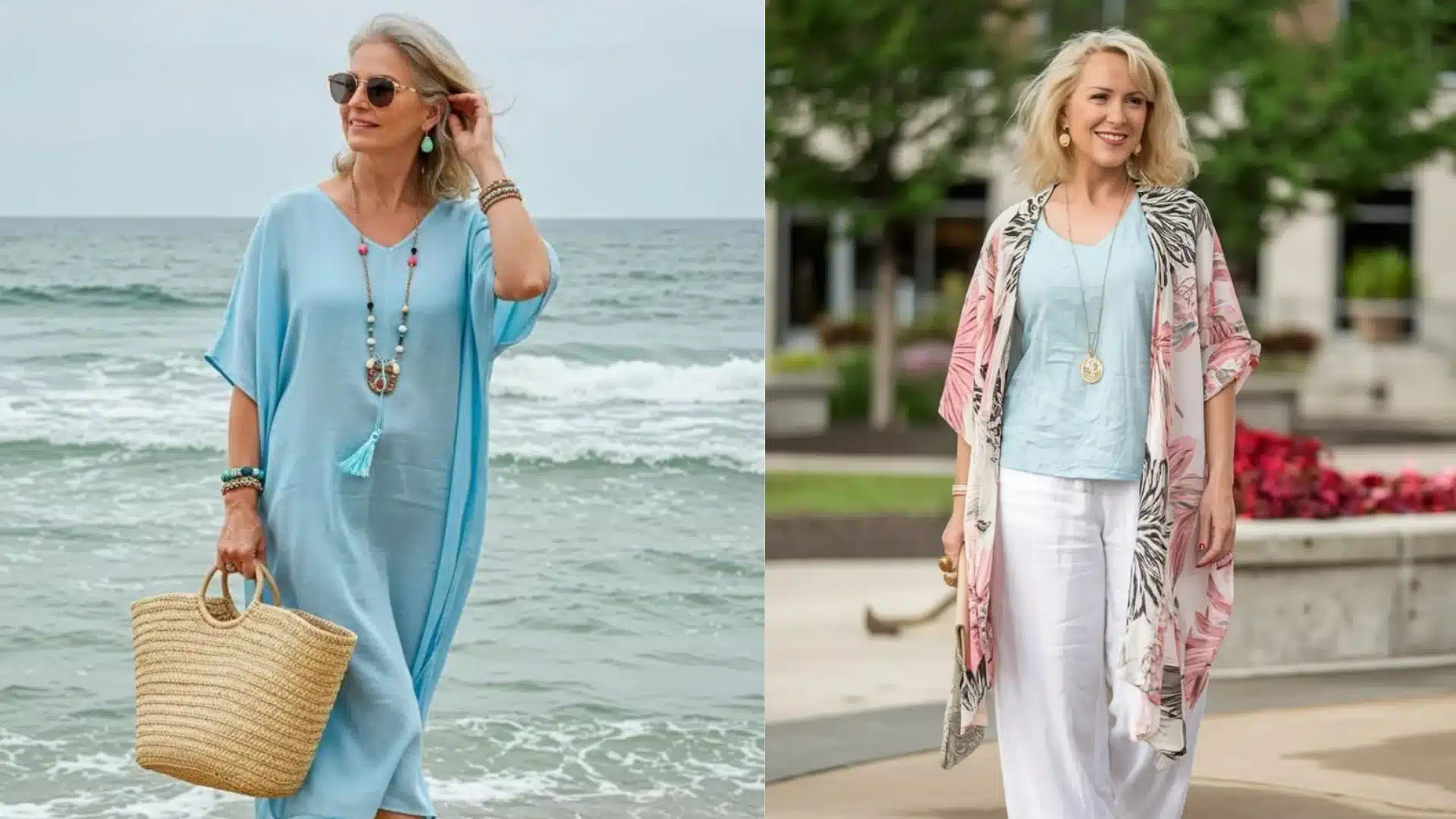 Two women in their 50s are depicted stylishly dressed One woman is at a beach in a light blue kaftanThe other in a light blue shirt white pants and a floral kimono