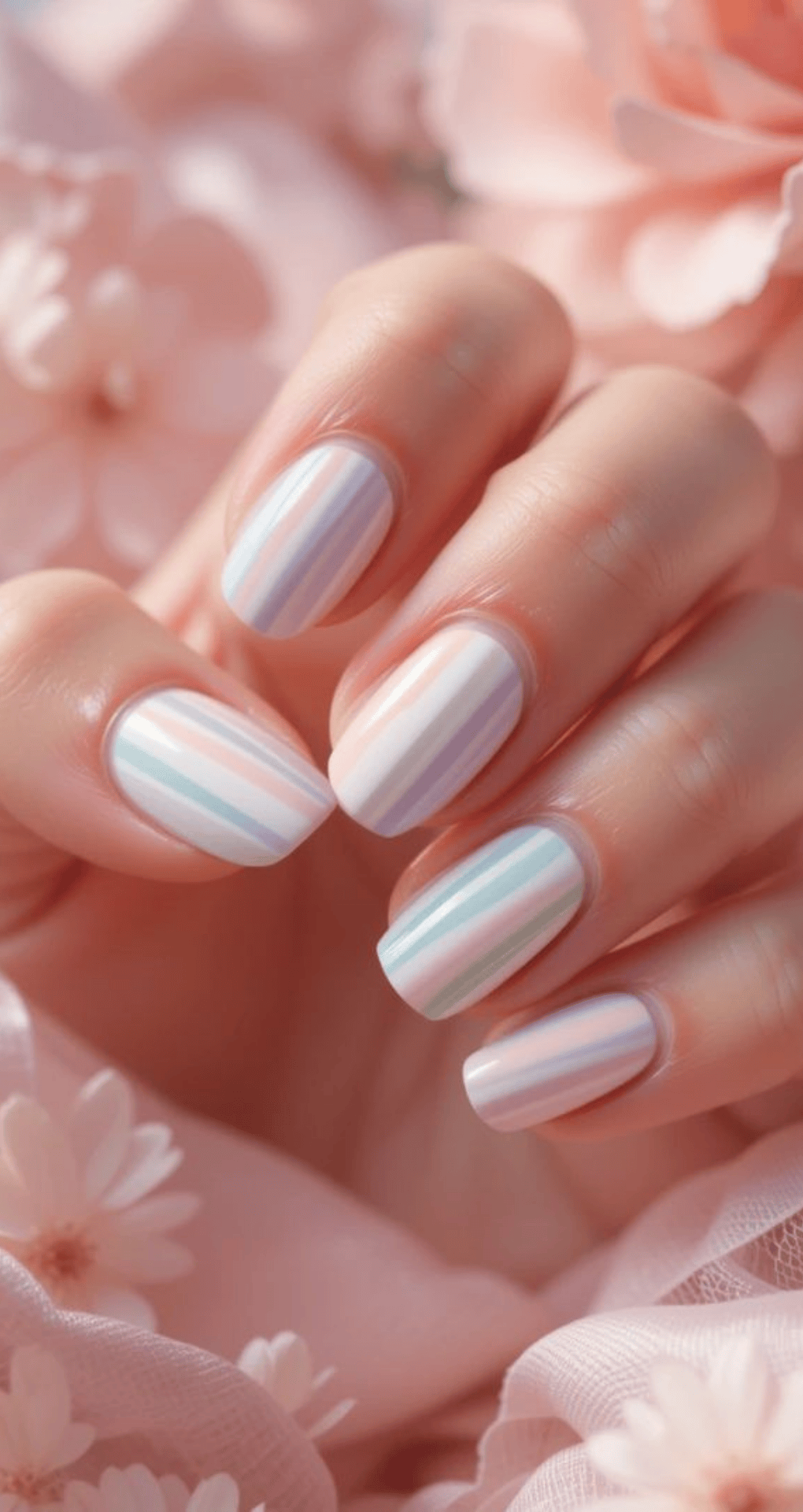 Square nails with white base and thin vertical stripes in pastel pink purple and blue colors