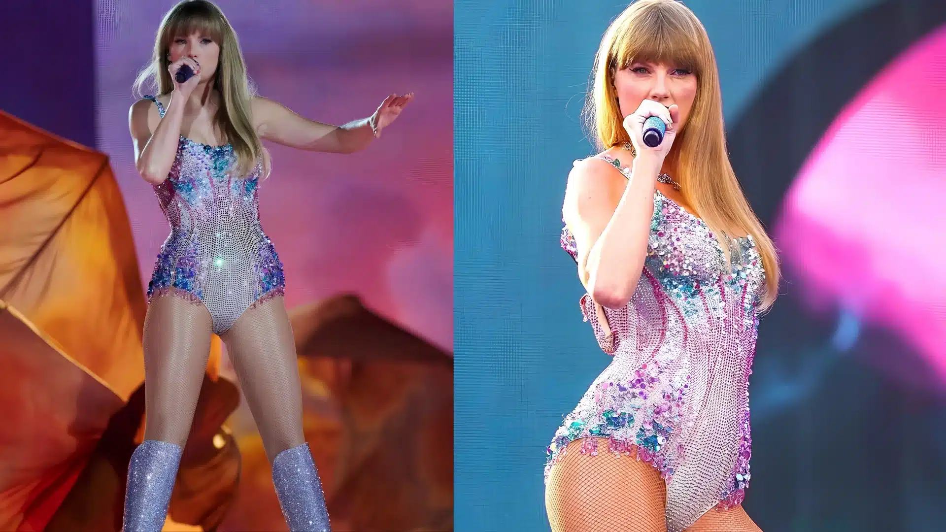 Pastel sequined leotard with heart embellishments and Louboutin boots