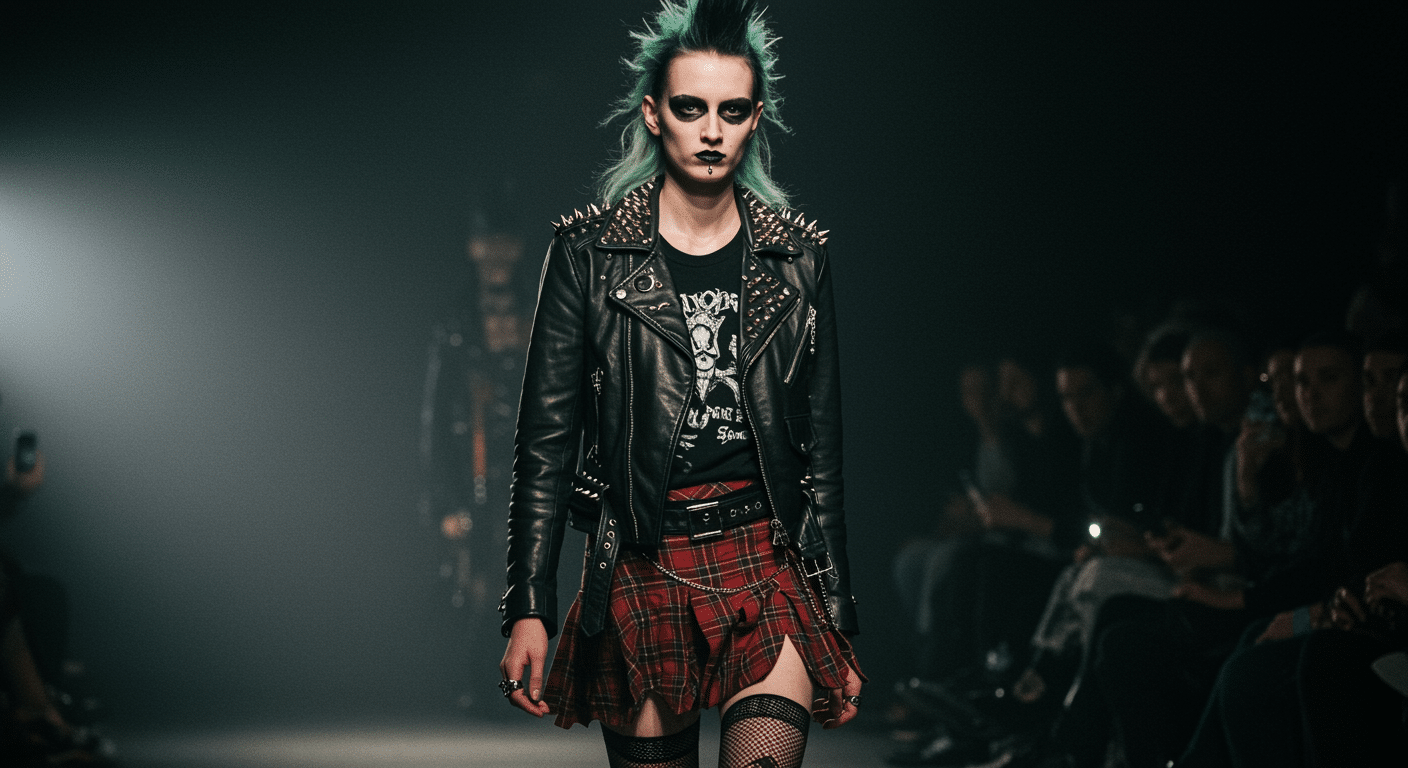 Punk fashion runway featuring a model in a studded leather jacket, plaid skirt, and rebellious styling