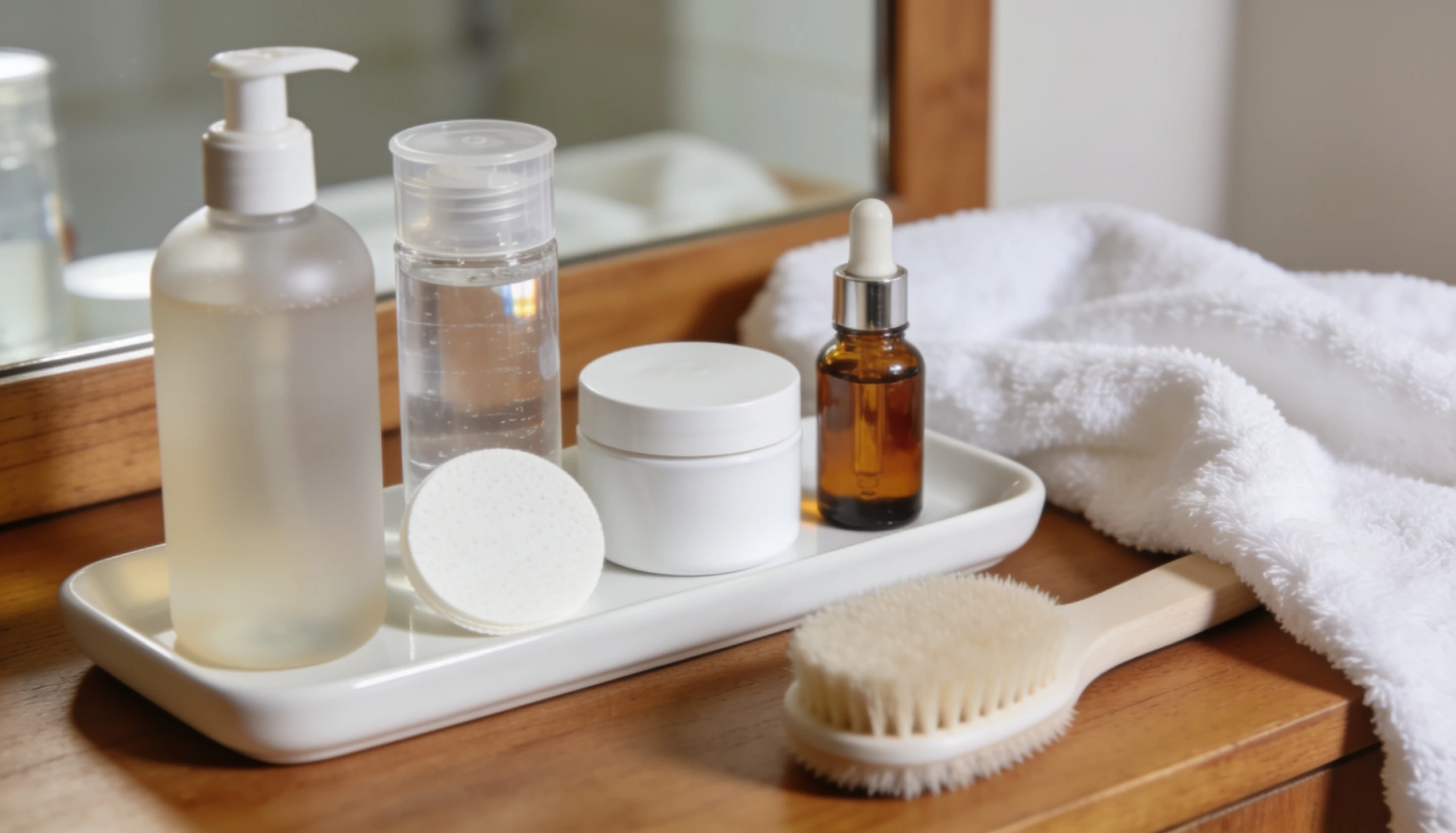 Skincare products including serum, moisturizer, toner, and cotton pads are on a tray with a white towel and brush.