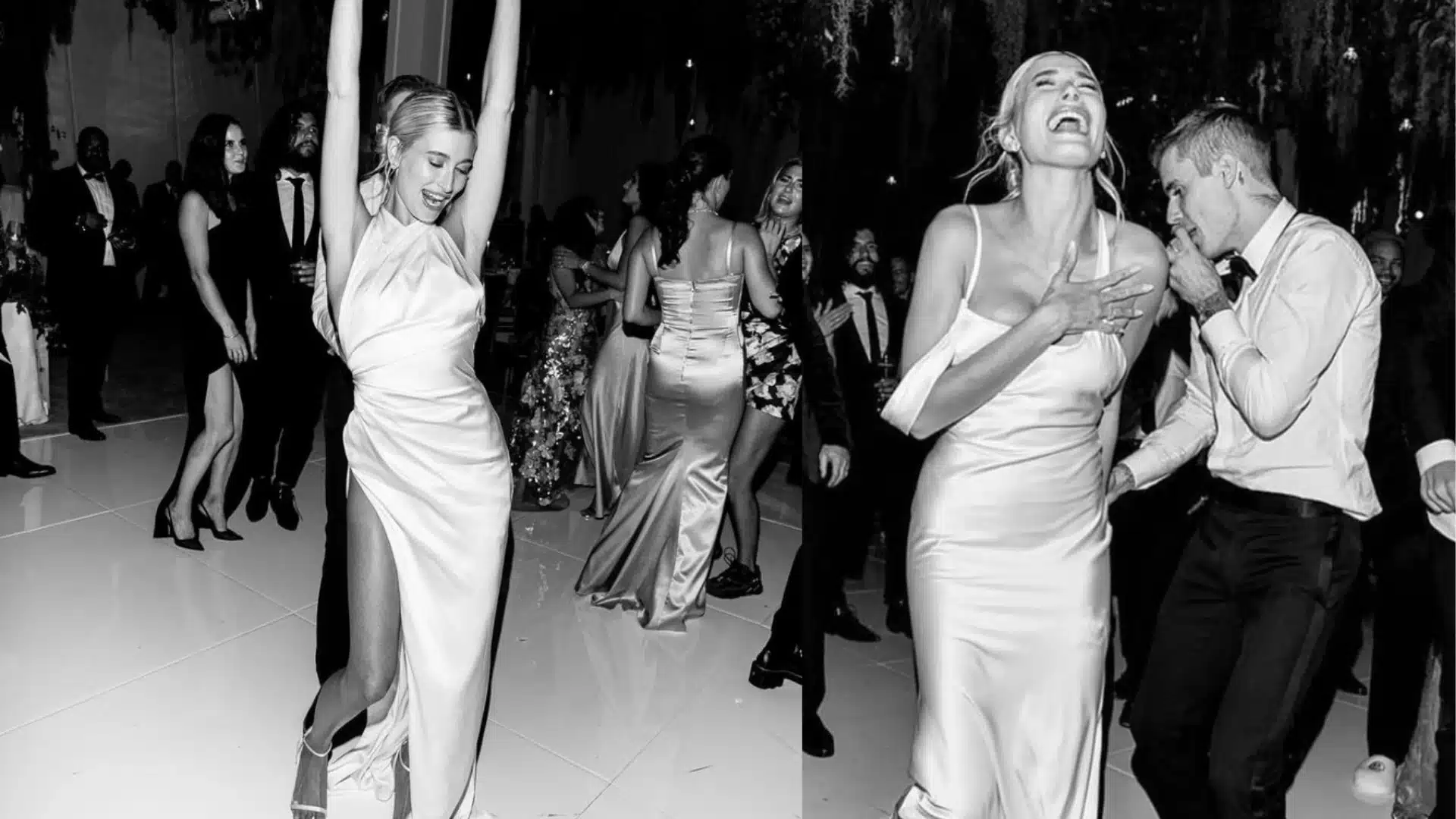 Black and white composite photo of a woman in a white satin dress dancing joyfully with a man in a white shirt and black bow tie at a crowded formal event