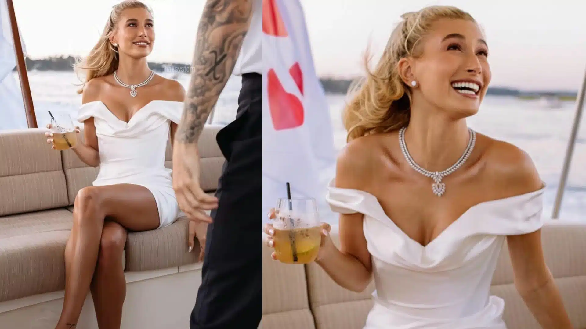 Elegant white off-shoulder mini dress styled with diamond jewelry for a glamorous rehearsal dinner look