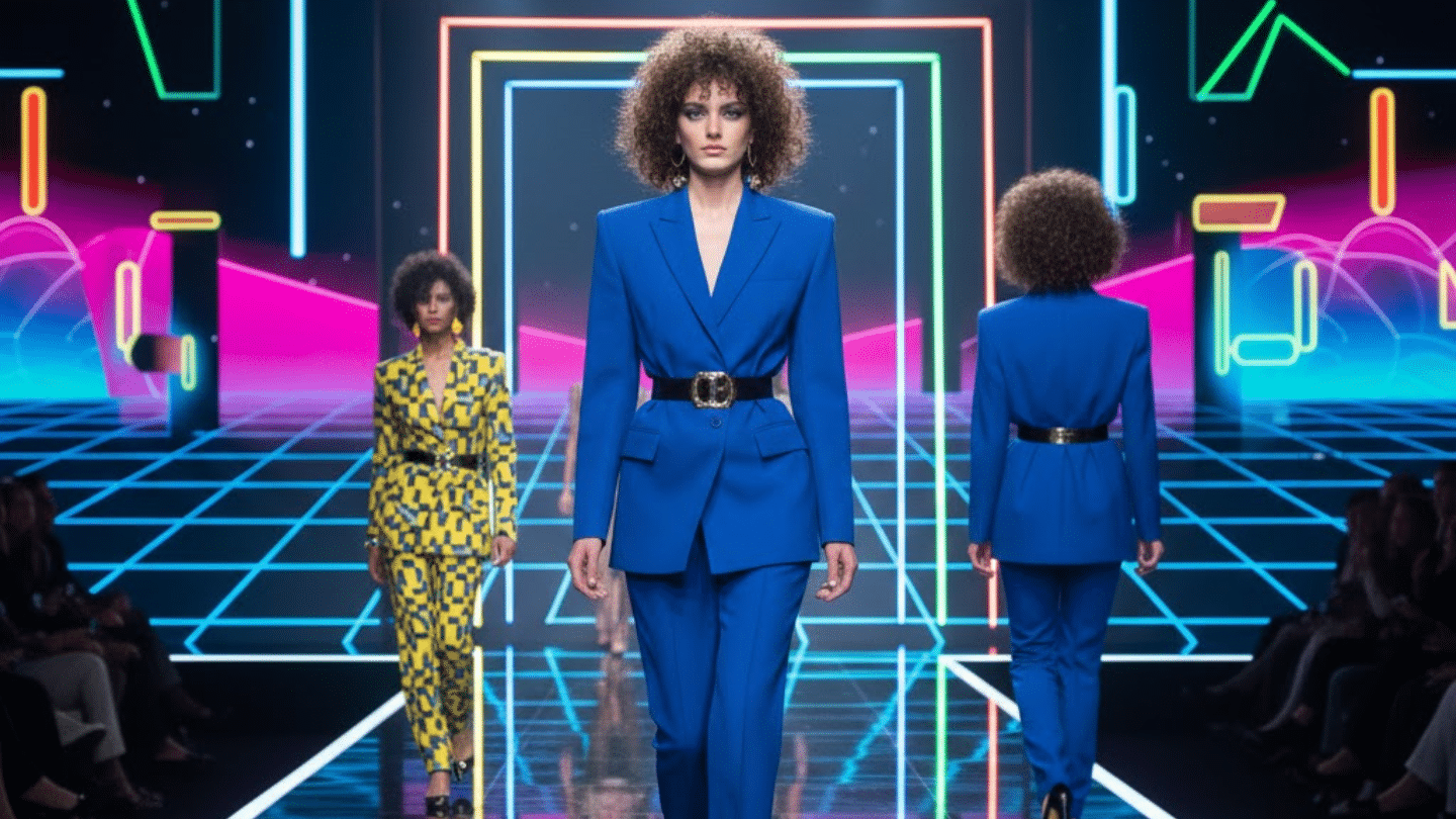 Retro 80s fashion runway with bold power suits, neon geometric backdrops, and vibrant statement styling