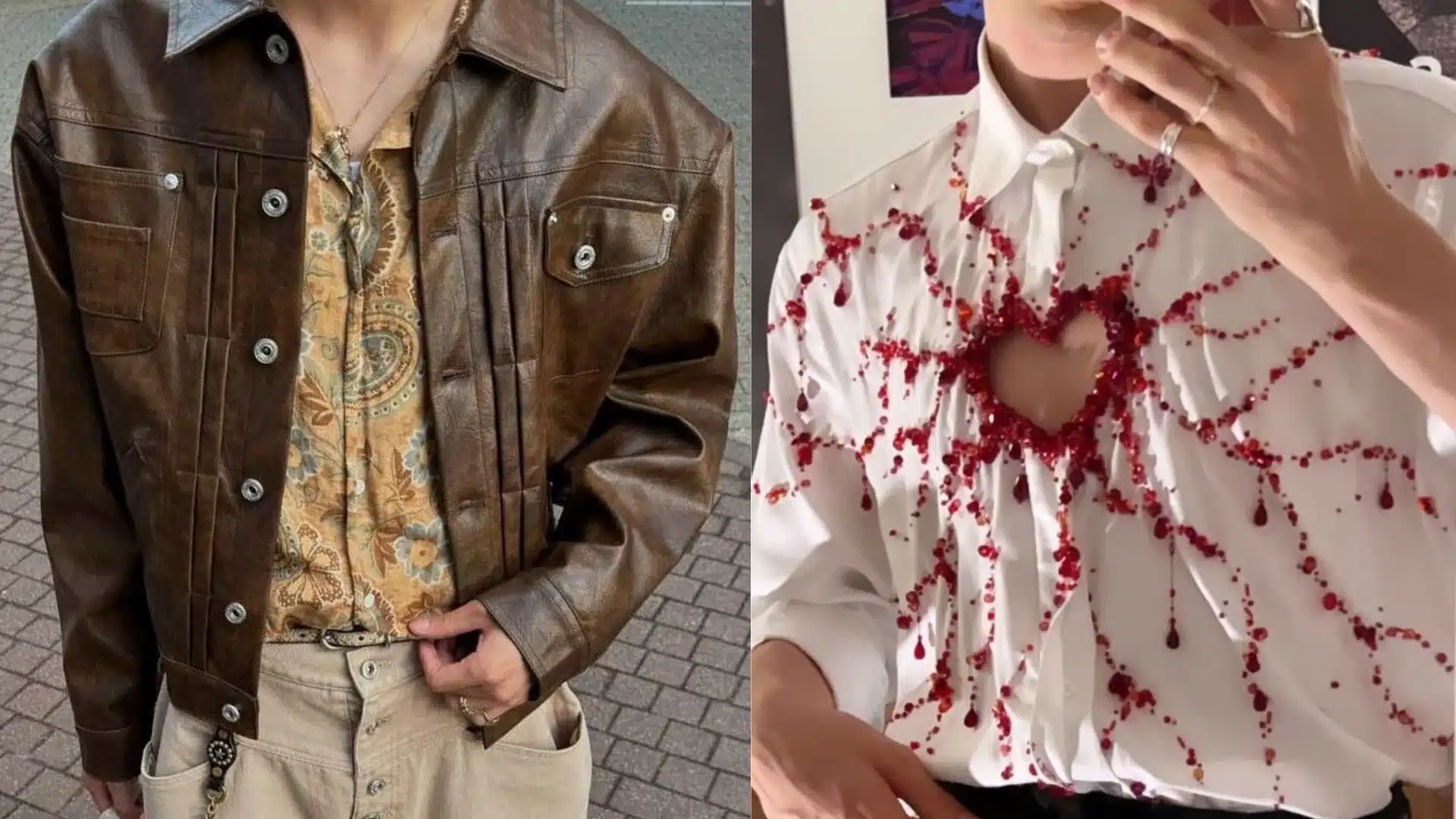 Men’s retro-inspired concert outfits featuring a brown leather jacket patterned shirt layered jewelry and statement shirt styling with artistic details