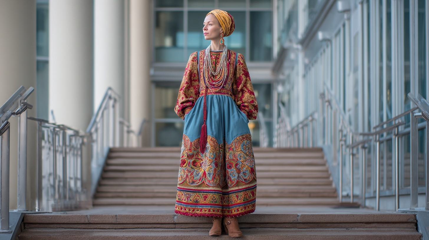 Woman in long dress with blue skirt red patterned top and layered necklaces standing on stairs