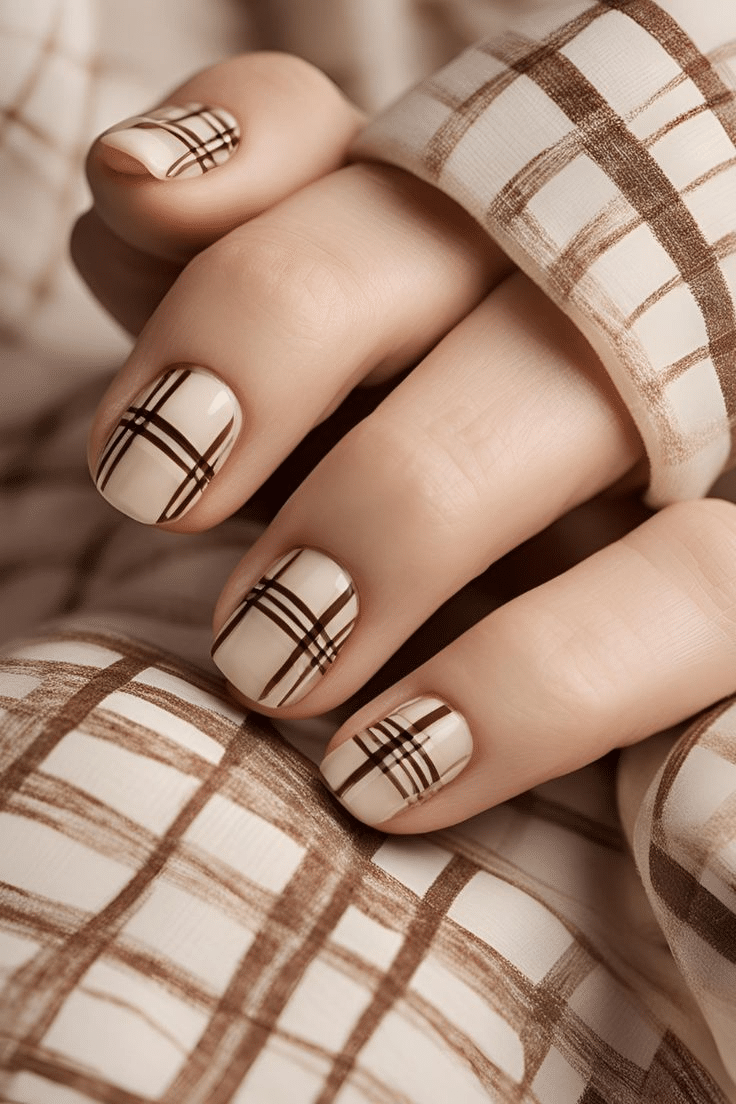 Neutral beige nails with a brown plaid pattern, creating a chic and coordinated classy brown nail designs look.