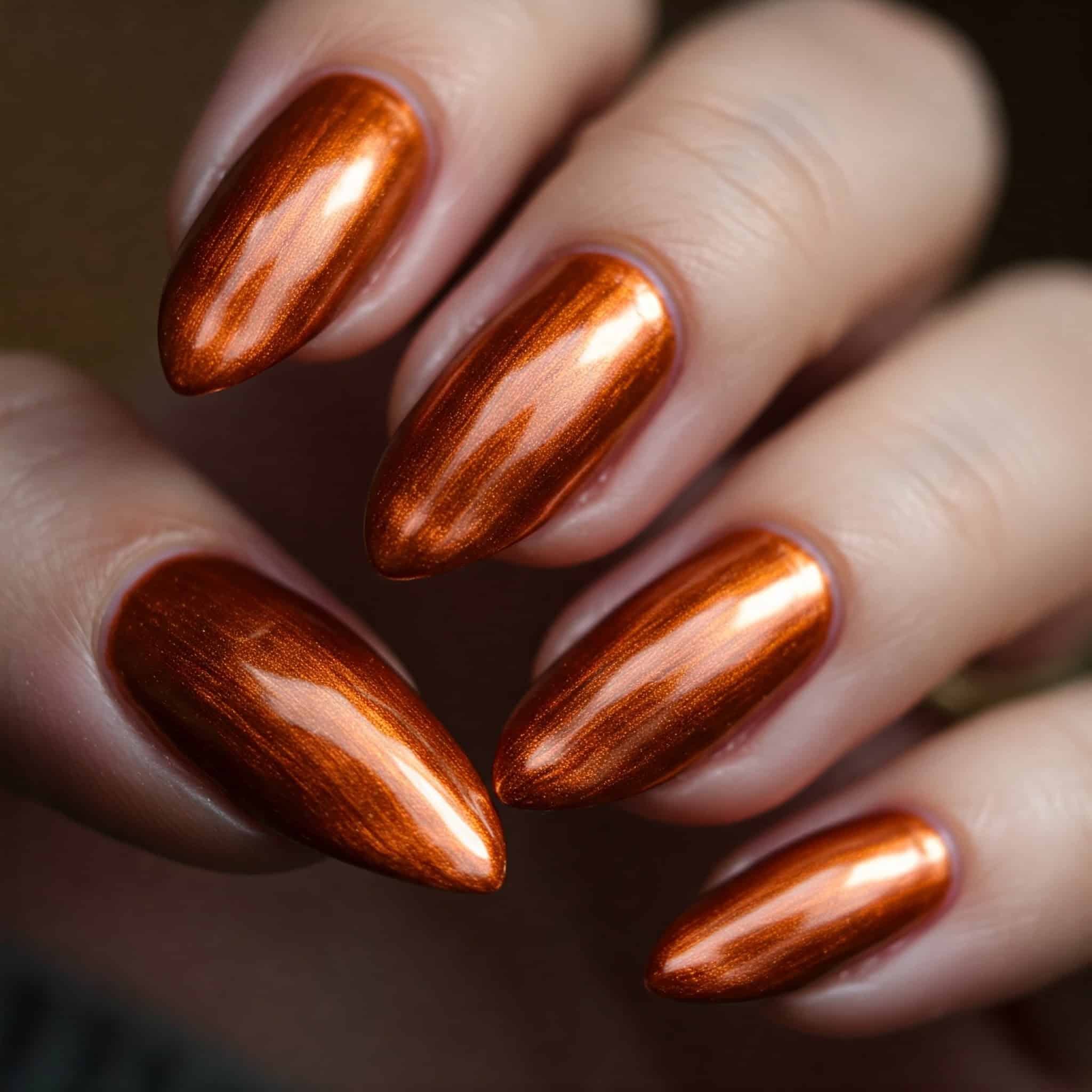 Close-up of hands with long, glossy metallic copper nails. The nails are almond-shaped, reflecting light creating a polished look.