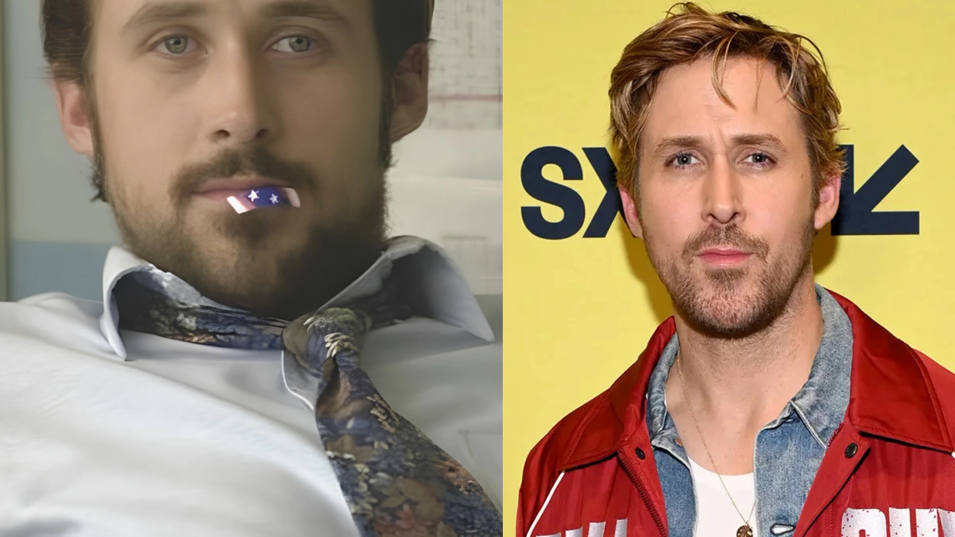 Split screen showing Ryan Gosling with a band aid on his lips and Ryan Gosling in a red jacket on a yellow background